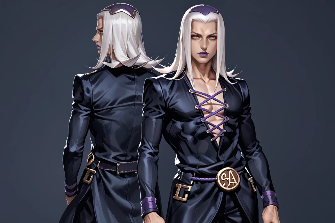 portrait, upper body, score_9, score_8_up, score_7_up, score_6_up, 1boy, white hair, male focus, clothed, full body, rating_safe,tsuvida, head, pectorals, standing, pose, abbacchio_coat, abbacchio_hat,dark pants, mature male, belt, 1boy, looking at viewer, purple lips, upper body only, purple lips<lora:EMS-408045-EMS:0.900000>, <lora:EMS-402661-EMS:0.300000>