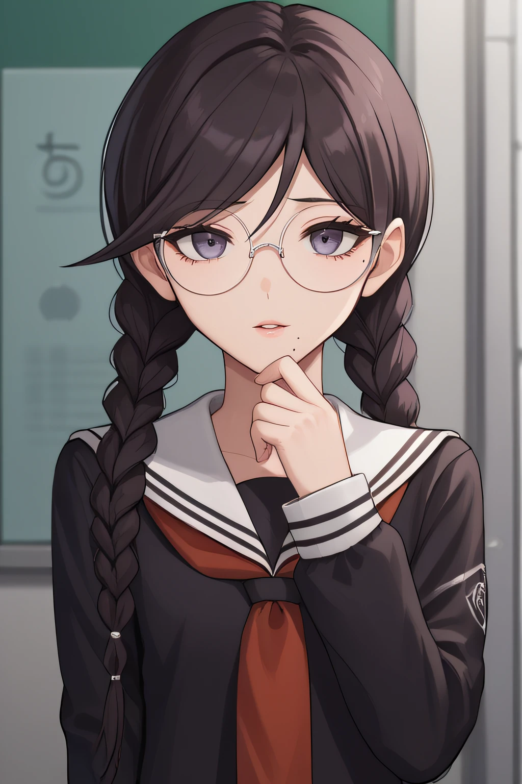 score_9, score_8_up, score_7_up, source_anime, rating_safe, intricate details, anime screencap, official style, 1girl, <lora:Fukawa_Toko:1>, toko, black hair, twin braids, mole under mouth, glasses, round eyewear, school uniform, black serafuku, long sleeves, sailor collar, standing, indoor, looking at viewer, hand on chin, parted lips, upper body