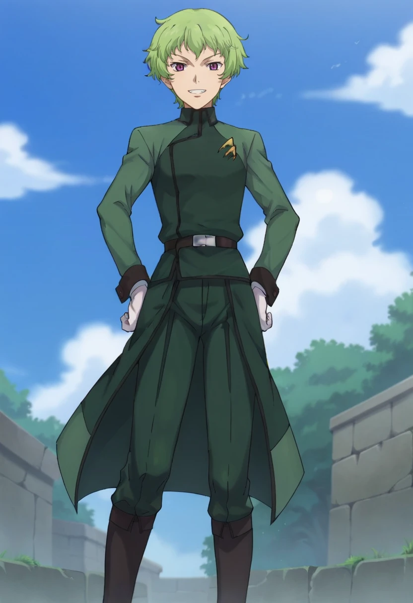 score_9,score_8_up,score_7_up,anime coloring BREAK source_anime,anime,<lora:Hiling_Care_Gundam_00_Pony:0.8>,hiling,1other,solo,green hair,short hair,purple eyes,uniform,green jacket,green pants,belt,waist cape,boots,white gloves,looking at viewer,grin,posing,hands on hips,outdoors,