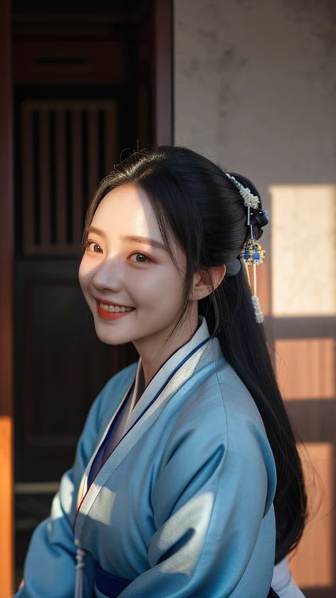 real skin texture,1girl,hanfu,photo,the right shadow,face contour shadow,face shadows,smile,rising corners of the mouth,realistic,reality,photo_(medium),absurdres,incredibly absurdres,Tyndall effect,
