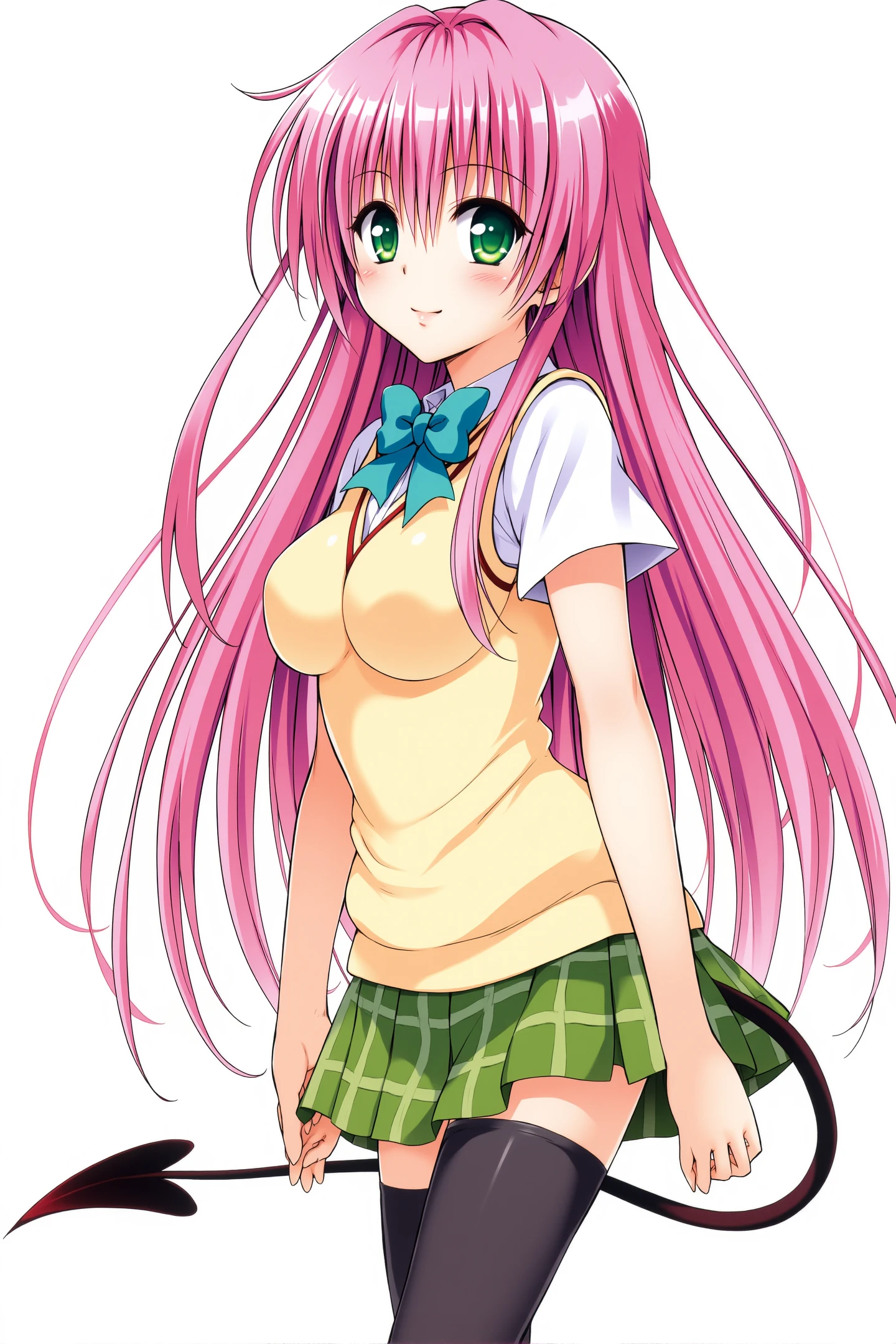 Yabuki Kentarou Style,1girl,lala satalin deviluke,solo,very long hair,pink hair,school uniform,green eyes,thighhighs,smile,ahoge,green plaid skirt,open mouth,demon tail,sweater vest,zettai ryouiki,:d,black thighhighs,medium breasts,blush,looking at viewer,
<lora:Yabuki Kentarou_FLUX:1.0>,