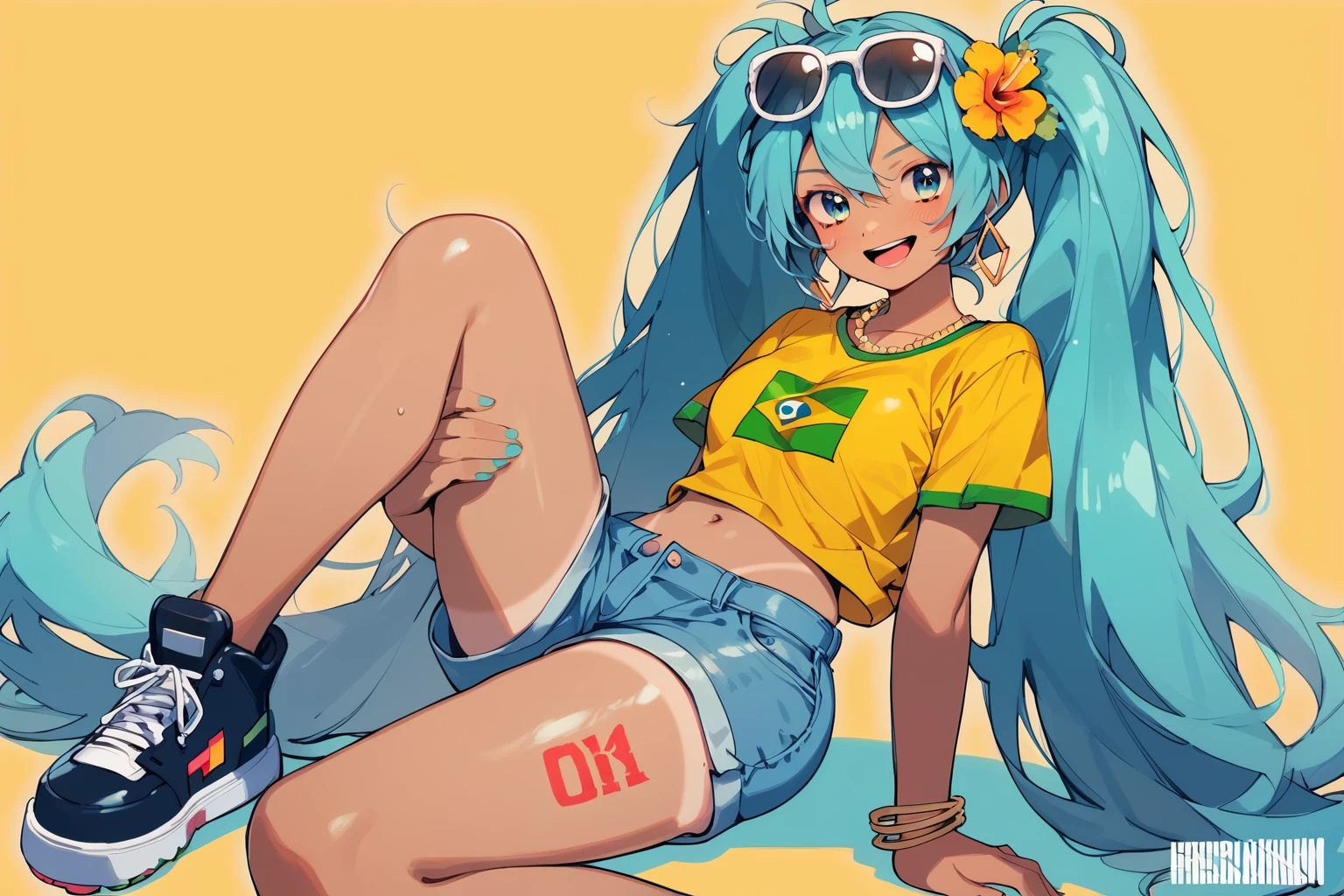 score_9, score_8_up, score_7_up, score_6_up, score_5_up, score_4_up, masterpiece, high quality, BREAK, full body, BREAK, 1girl,  <lora:Brazilian Miku:0.8> aqua hair, sunglasses on head, flower in hair, yellow shirt, brazil flag on shirt, denim shorts, booty shorts, tanned, 1girl, hatsune miku, <lora:XLPCharacterDesign_Concept:0.72> characterdesignxl, multiple views