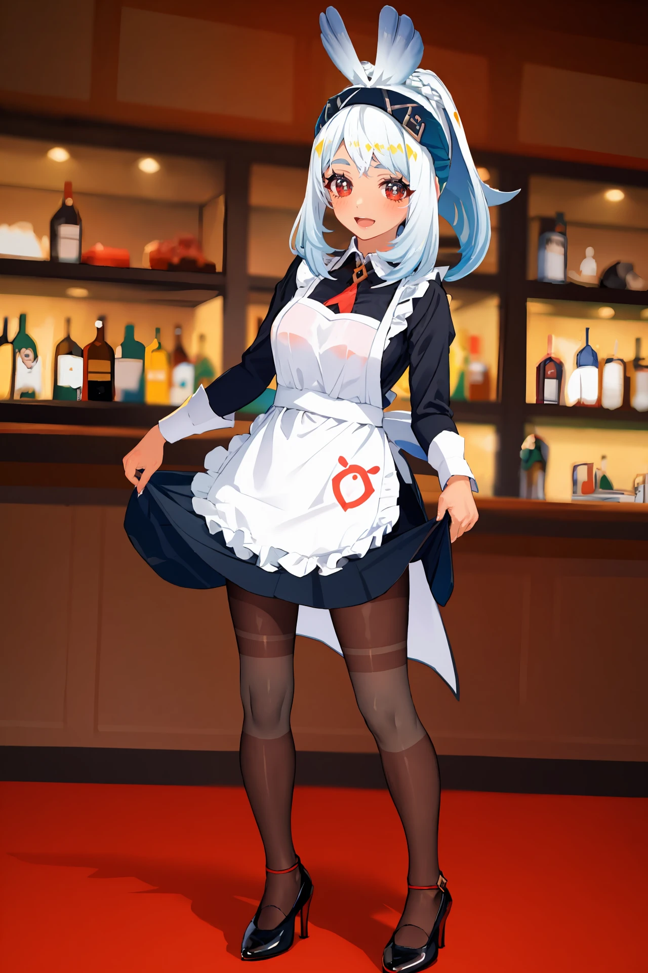 1girl, mualani \(genshin impact\), maid, bow hairband, body paint, maid apron, white pantyhose, high heels, full body, open mouth, smile, looking at viewer, (skirt hold, curtsey: 1.2), bar \(place\), indoors, depth of field