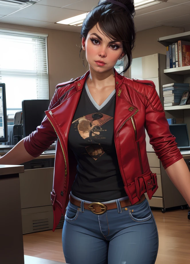 lislnessq,black hair,brown eyes,single hair bun,
red jacket,black shirt,jeans,serious,looking at viewer, 
indoors,newsroom,
(insanely detailed, masterpiece, best quality) solo,<lora:LoisLaneSSQ:0.8>,