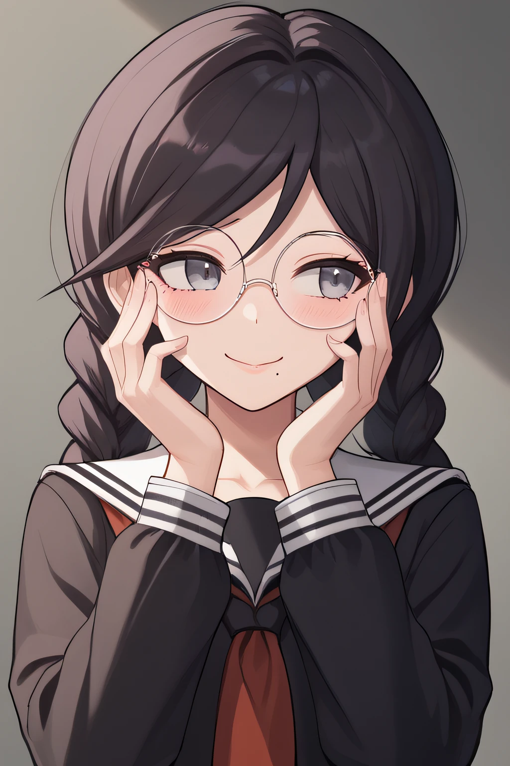 score_9, score_8_up, score_7_up, source_anime, rating_safe, intricate details, anime screencap, official style, 1girl, <lora:Fukawa_Toko:1>, toko, black hair, grey eyes, twin braids, mole under mouth, glasses, round eyewear, school uniform, black serafuku, long sleeves, sailor collar, standing, indoor, looking away, hands on face, blush, smile, wavy mouth