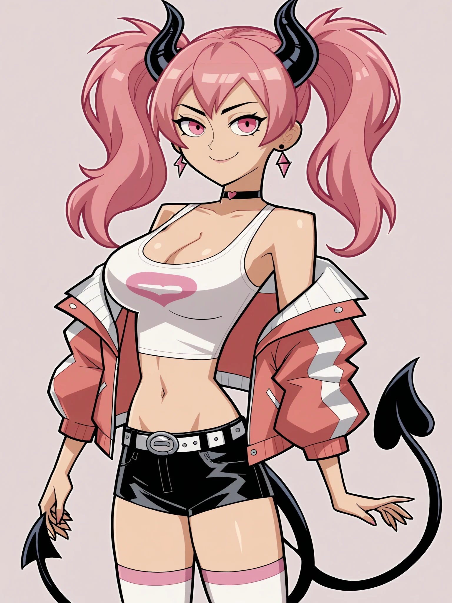 score_9, score_8_up, score_7_up, score_6_up, score_5_up,
Natsu, 1girl, large_breasts, pink_hair, spiked_hair,
1girl, solo, breasts, tail, pink_hair, horns, demon_tail, shorts, jacket, twintails, large_breasts, smile, looking_at_viewer, long_hair, navel, choker, black_background, pink_eyes, short_shorts, belt, demon_girl, pink_jacket, demon_horns, simple_background, tank_top, open_jacket, cleavage, black_shorts, open_clothes, thighhighs, off_shoulder, bare_shoulders, closed_mouth, head_tilt, hair_between_eyes, cowboy_shot, jewelry, micro_shorts, collarbone, black_choker, white_thighhighs, crop_top, bangs, earrings, clothes_writing, shirt, midriff, standing, see-through, contrapposto, long_sleeves
 <lora:Danny_Phantom_(Style):1>