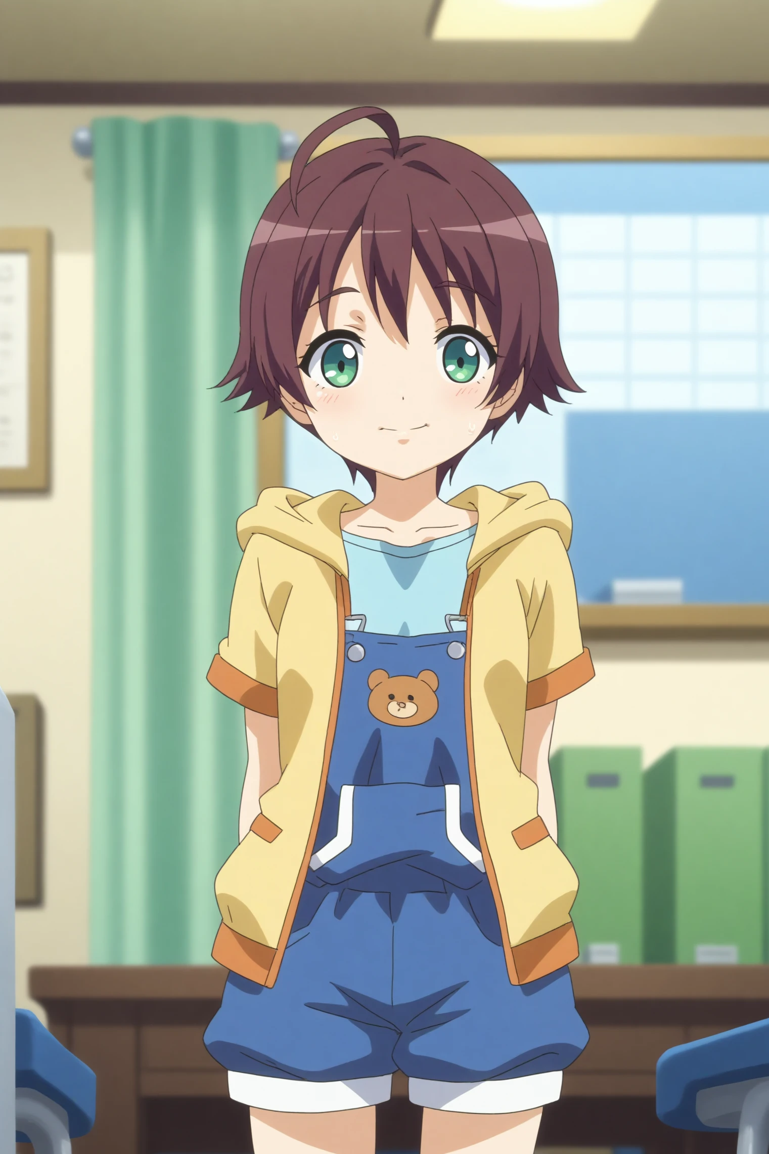 nene sonono,anime screencap,1girl,solo,short hair,overalls,smile,indoors,hood,hands behind the back  <lora:Nene_Sonono.safetensors:0.8>