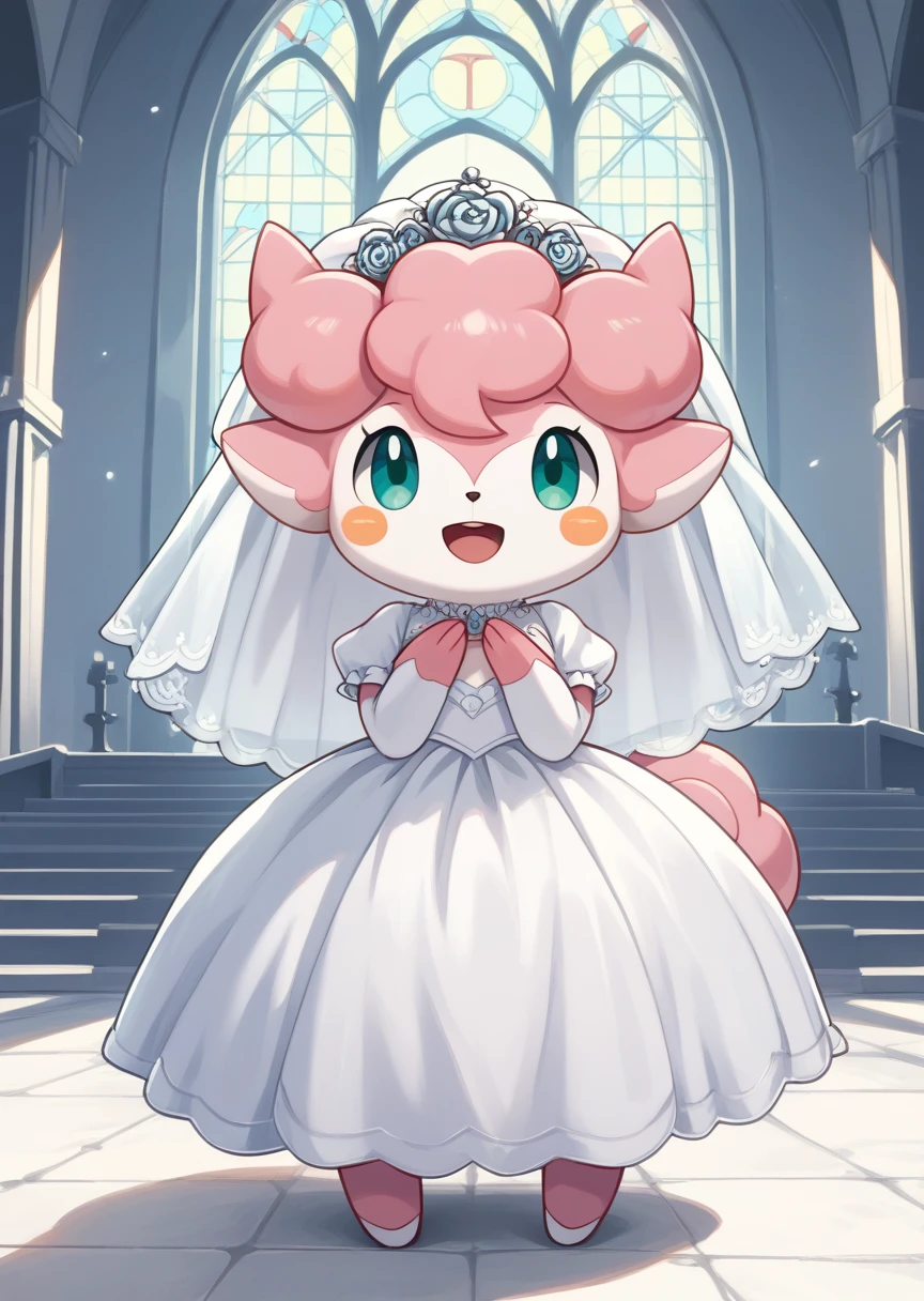 score_9, score_8_up, score_7_up, score_6_up, score_5_up, BREAK
Saline, smile, detailed background, church, open mouth, green eyes, standing, full body, aqua eyes, no humans, blush stickers, happy, pink fur, furry, pokemon (creature), wedding dress, wedding veil