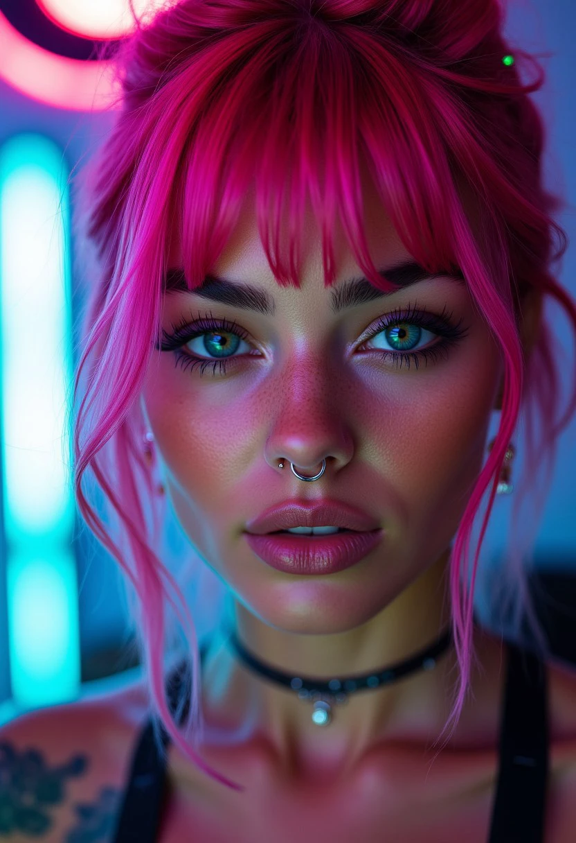 A close-up portrait of a striking woman with vibrant, bubblegum pink hair styled in loose waves. Her face is adorned with multiple facial piercings, including a septum ring, a nose stud, and a small hoop in her eyebrow. The lighting is soft yet dramatic, creating a high-contrast effect that highlights her flawless skin and sharp features. Her intense gaze and subtle smirk exude confidence and a rebellious spirit. The background is a blurred mix of neon lights, adding to the edgy, urban vibe of the scene.