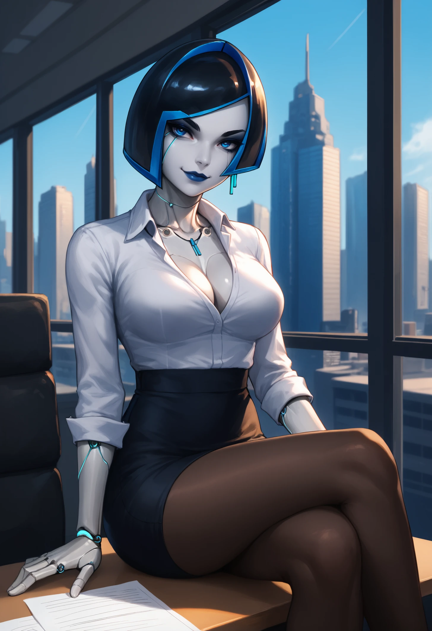 score_9, score_8_up, score_7_up, 1girl, demidef, android, robot joints, colored skin, blue eyes, lipstick, eyeshadow, earrings, short hair, large breasts,
collarbone, dress shirt, pencil skirt, cleavage, tight shirt, black pantyhose,
looking at viewer, smug, toned, sitting, crossed legs, sitting on table,
indoors, office, window, cityscape, side view,
<lora:Subverse-DEMI-PDXL_V1-Manityro-CAME:1.0>,