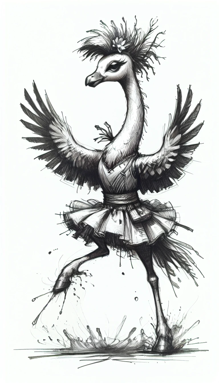 monochrome, charcoal sketch, sketch messy linesa flamingo standing on one leg in the marshy wetlands