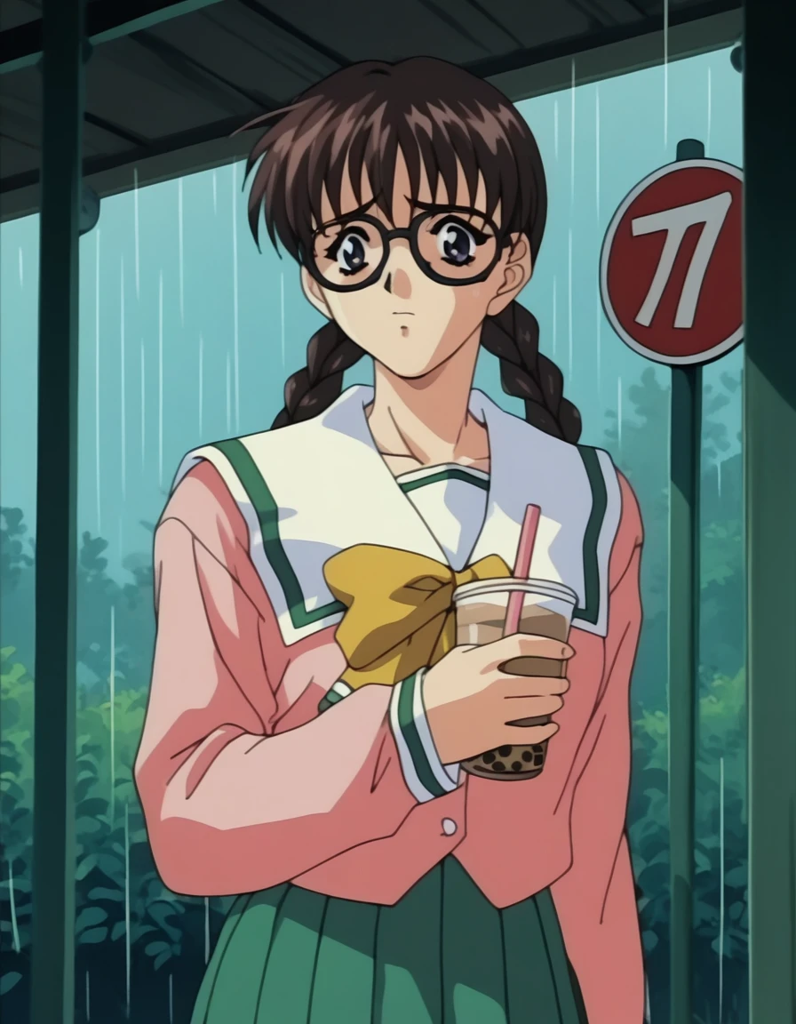 score_9,  score_8_up, score_7_up, <lora:shuusaku-ova-ponyxl-000006:1> shiho, glasses, twin braids, serafuku, pleated skirt,
1girl, solo, nervous, awkward, bubble tea, bus stop, rain, upper body