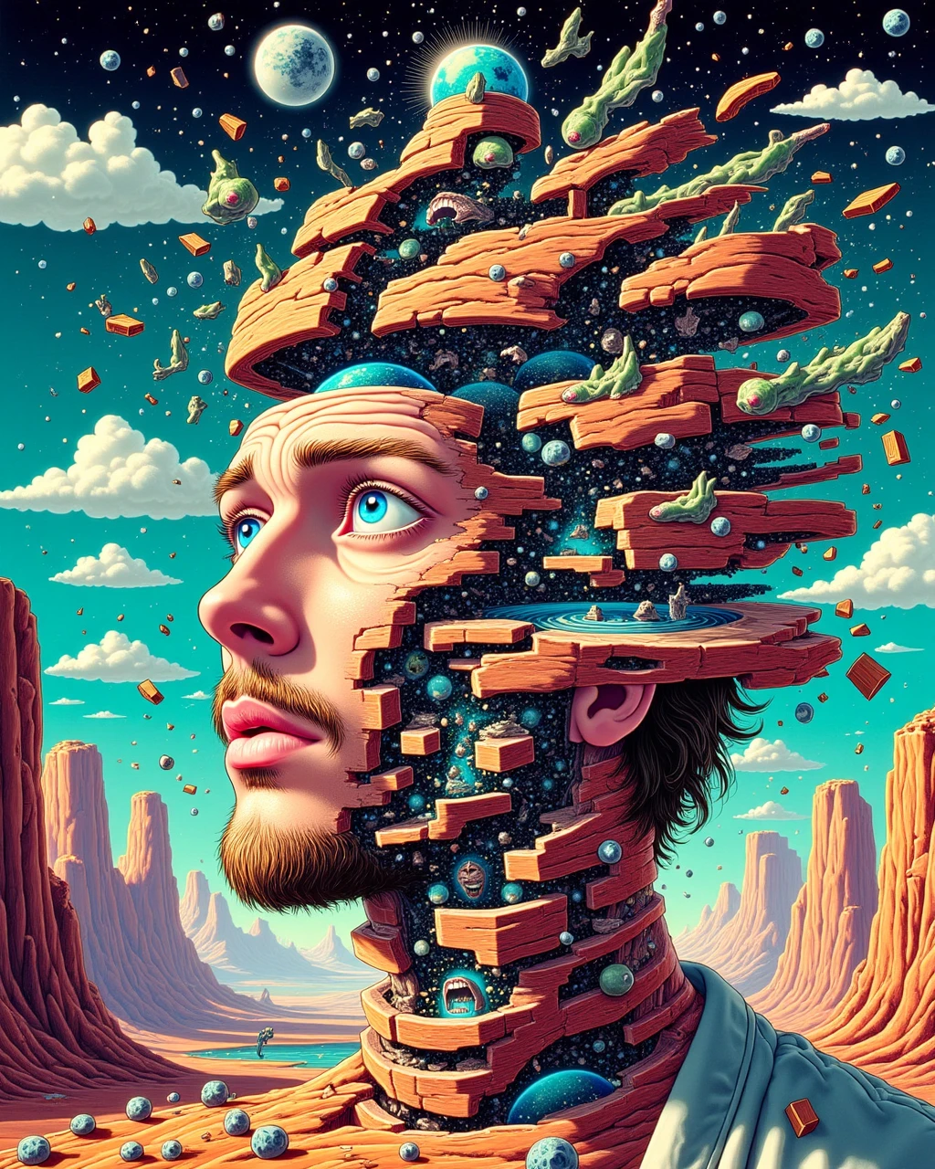 a man thinking so hard his head is splitting inmto two parts, revealing another world on the inside