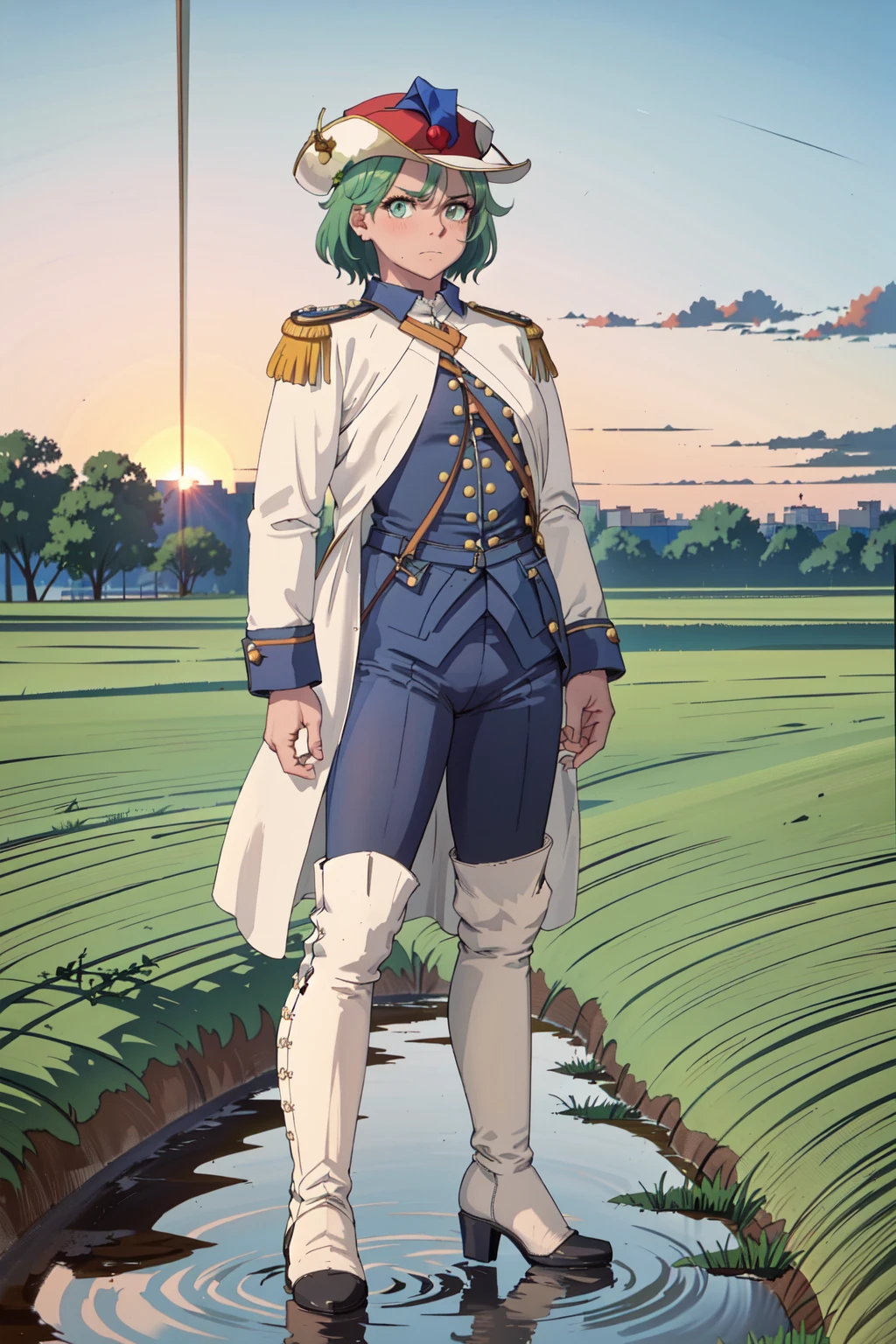 masterpiece,best quality,1girl,iberianuni,green hair,short hair,uniform,blue pants,white jacket,hat,bicorne,boots,full body,scowling,arms at sides,outdoors,muddy field,farm,sunset,straight on,small breasts,facing viewer <lora:Iberianuni15:0.75>