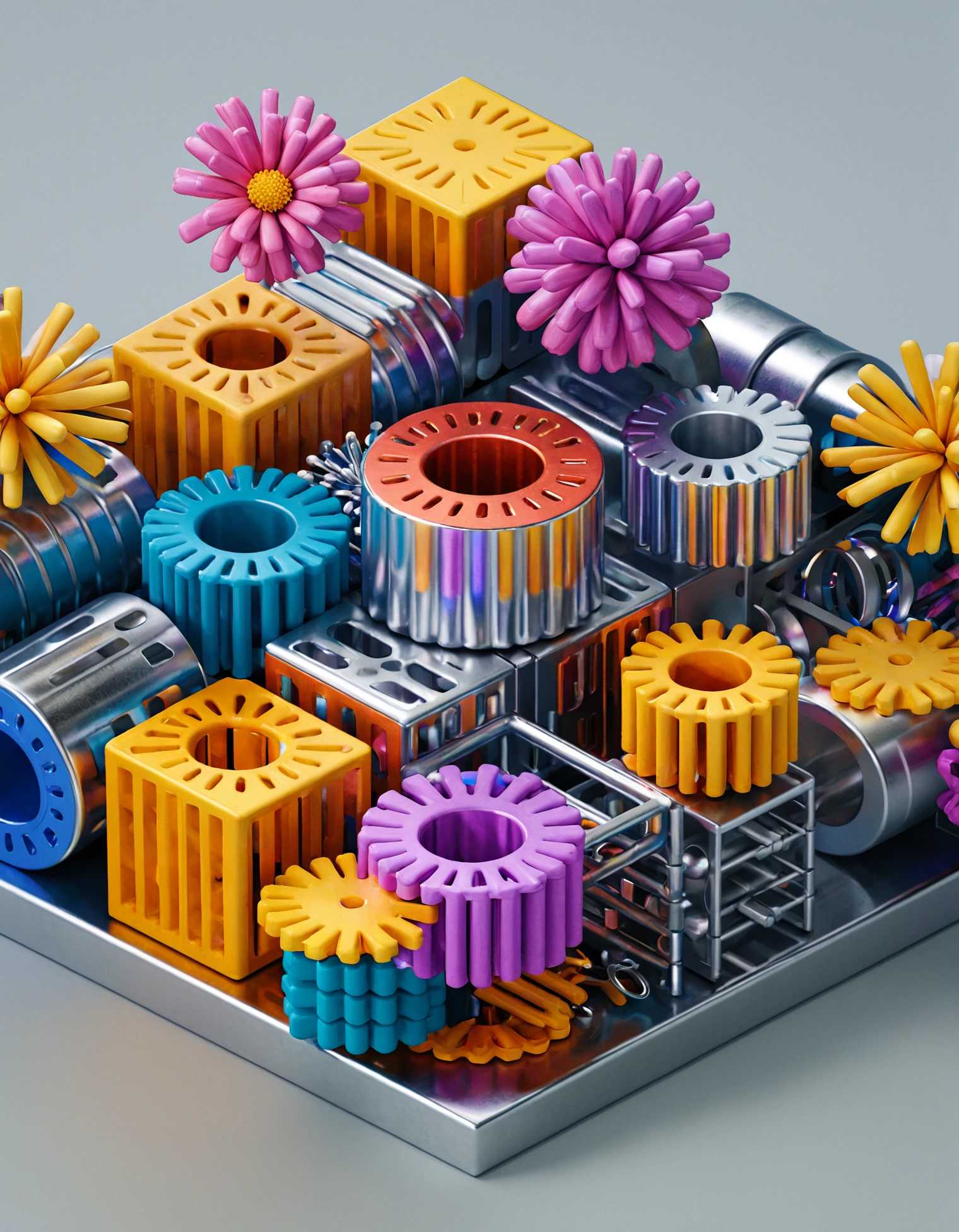 3d render, isometric, busy composition of many colorful connected geometric metallic objects, bloom, depth of field, octane <lora:3d-render-v2:1>