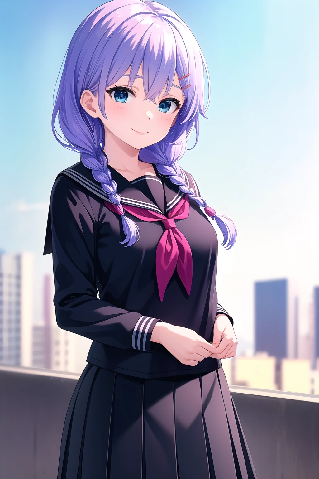 (masterpiece, best quality), highly detailed background, perfect lightingbest quality, murakamifumio, solo, outdoors, school, light blue hair, hairclip, hair between eyes, twin braids, hair over shoulder, long hair, blue eyes, medium breasts, black serafuku, black shirt, black sailor collar, red neckerchief, black skirt, pleated skirt, school uniform, smile, closed mouth, :), pink lips, <lora:Murakami-Fumio:0.7>