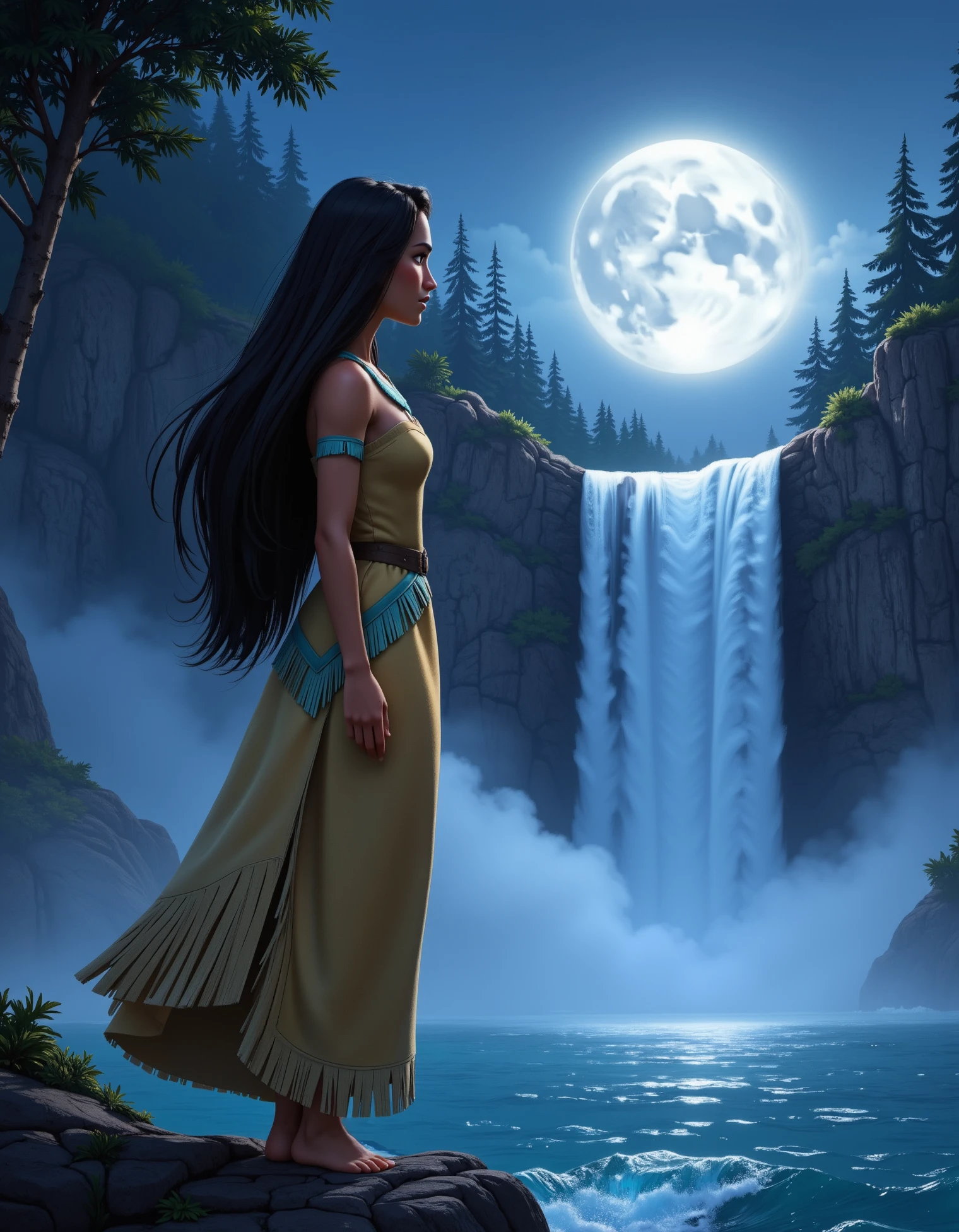 pocahontas, princess pocahontas, Pocahontas is standing at the edge of a moonlit waterfall, wearing her traditional deerskin dress with beaded fringes and a turquoise necklace. The moonlight casts a silver glow on the water and her dress, creating a serene and mystical atmosphere. Her long hair flows freely, catching the light as she gazes at the waterfall, disney style