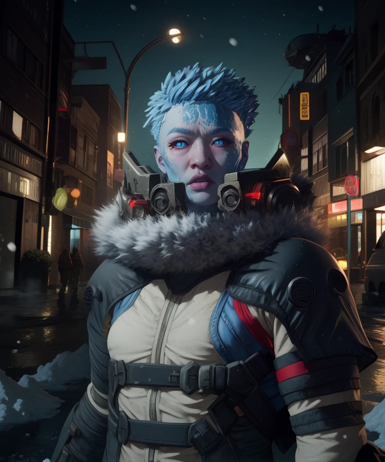 mrsfrzessq,blue eyes,blue ice hair,short hair,facial mark,
helmet,bodysuit,fur trim,looking at viewer,
upper body,
snow,outdoors,city,night,
(insanely detailed, masterpiece, best quality) solo,<lora:msfreezeSSQ:0.9>,