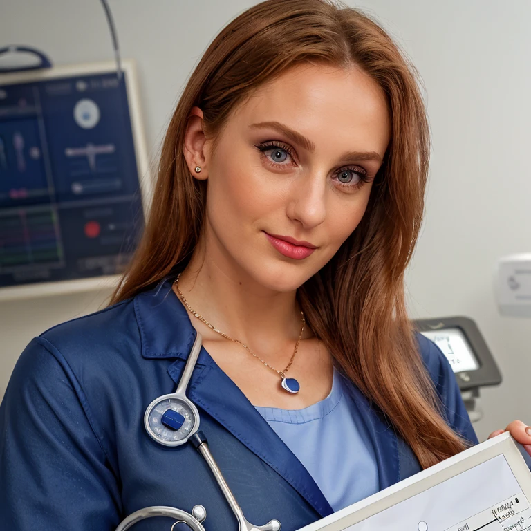 <lora:p34ch_20SD-000007:0.8>, a (close up:1.2) photograph of 22 year old beautiful(p34ch woman:1.1) as a surgeon physician,wearing a (steel blue lab coat:1.2) over (indigo dress:1.2),with stethoscope around neck,name tag on lapel,holding an (x-ray chart:1.4),standing in a (hospital operating room) surgery suite,wearing gloves,surrounded by (examination table and medical equipment:1.2),long dark dark hair,jewelry,smirk,lips,makeup and eyeshadow,(face focus)(upper body:1.2),(medium close up:1.3)professional portrait, 4k wallpaper, highly detailed, bokeh