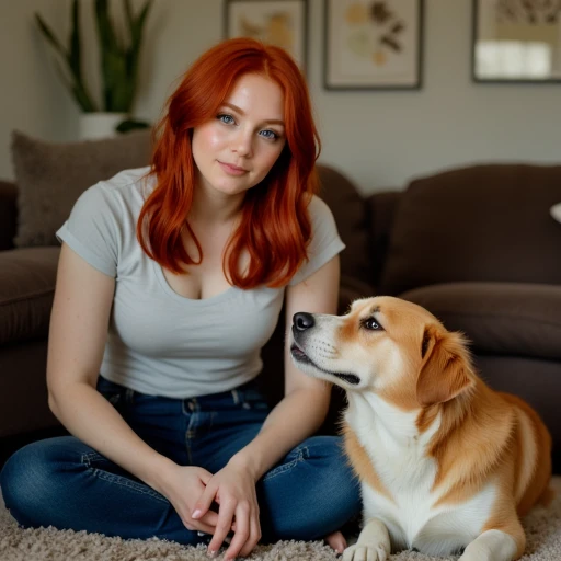 redhead woman next to a dog in the living room