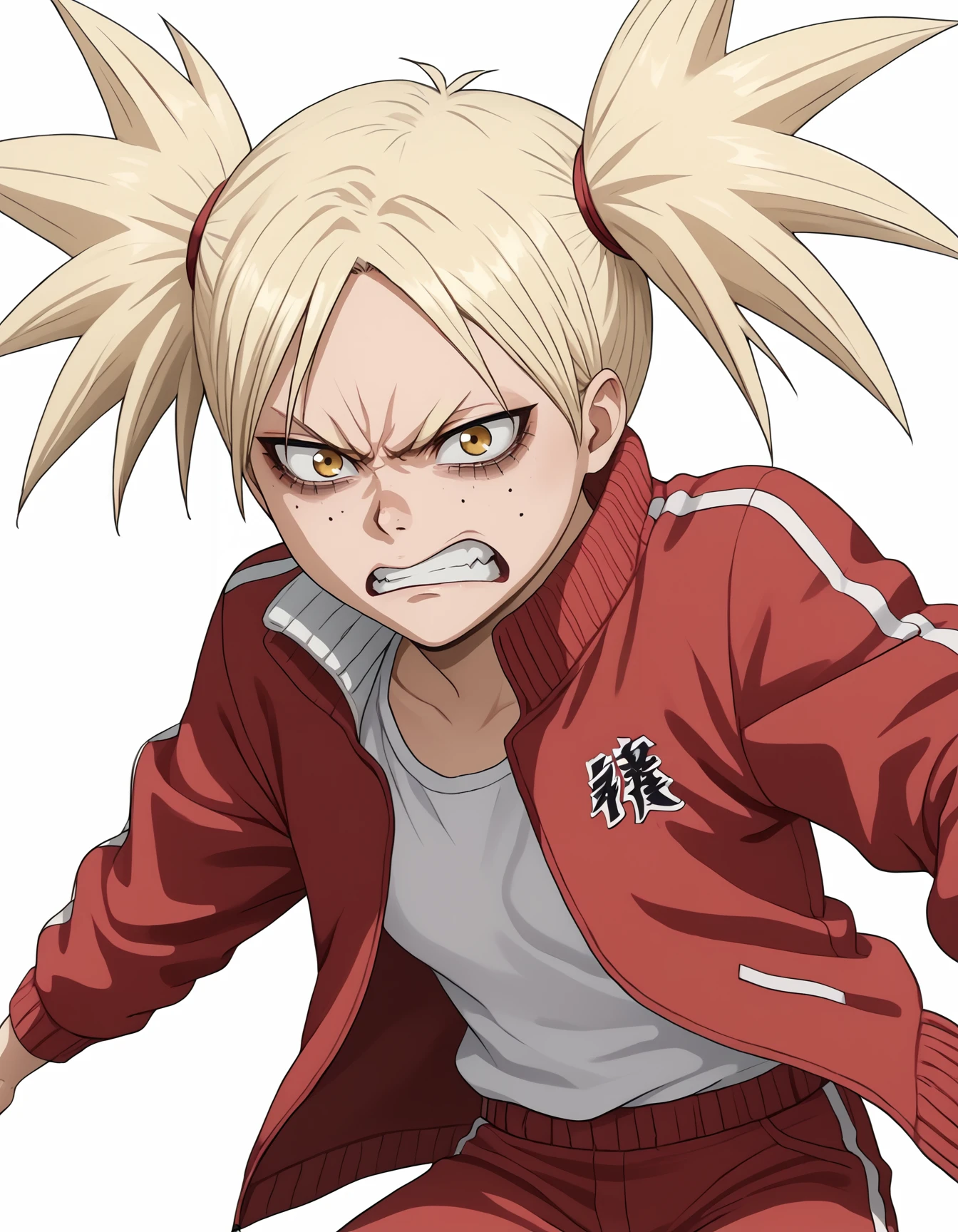 <lora:Hiyori:1>, hiyori sarugaki, 1girl, simple white background, red tracksuit, red jacket, red pants, angry, looking at the viewer