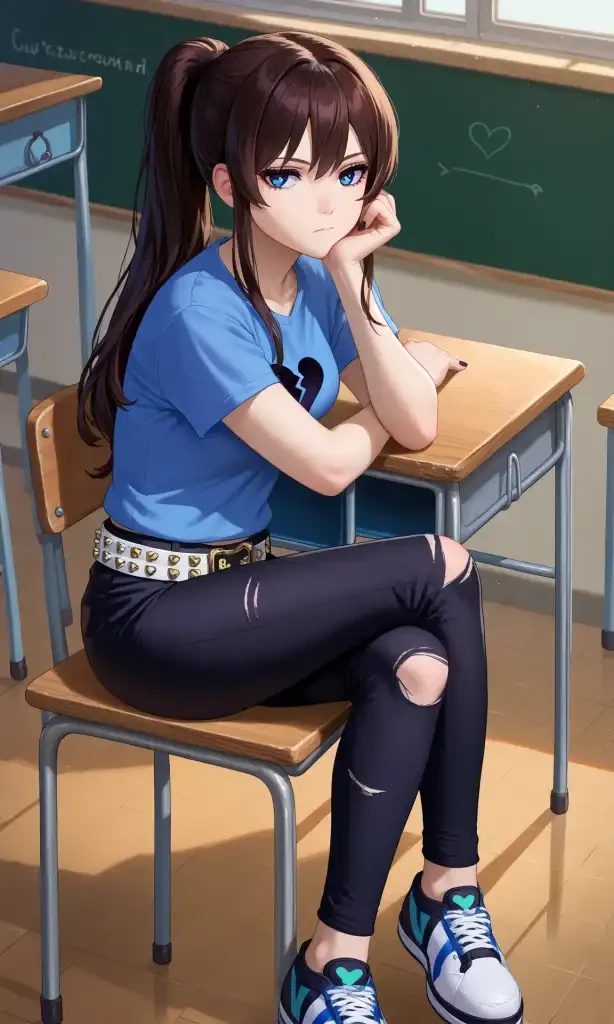 score_9, score_8_up, score_7_up, source_anime, nicole09, 1girl, solo, full body, long hair, ponytail, sidelocks, black nails, bored, expressionless, broken heart print t-shirt, studded belt, black pants, torn pants, sneakers,  indoors, school, classroom,sitting in school chair, school chair, school desk, school desk, crossed ankles, foreshortening, elbow rest, looking at viewer,