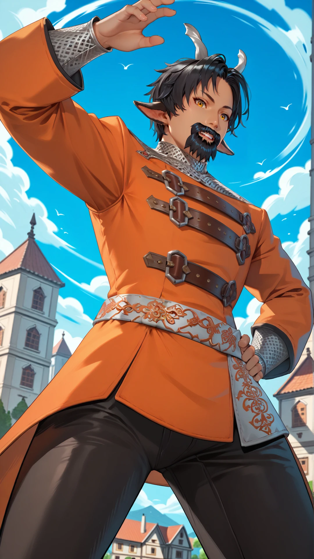 2d, fantasy-style, (zPDXL2), (((cowboy shot))), (((dynamic pose))), (((dynamic angle))), sehele style, webtoon, anime, centered, solo, sajevtu, (((dark tanned skin))), 1man, (((hands on hips))), waving, smiling, orange coat, black hair, beard, two small twisted silver goat horns, yellow goat eyes, goat ears, chainmail coif, XIV Century Russian Soldier, (((silver silk sash))), intricate patterns, black pants, brown leather boots, ((outdoors, medieval town)), <lora:sd_xl_dpo_lora_v1:1>, <lora:OMG-Is-DucHaiten_v1.0:0.1>, <lora:Seunghee_Lee_Style_PDXL:0.4>, <lora:ManhwaSDXL:0.8>, <lora:sajevtu2_PonyXL:0.8>