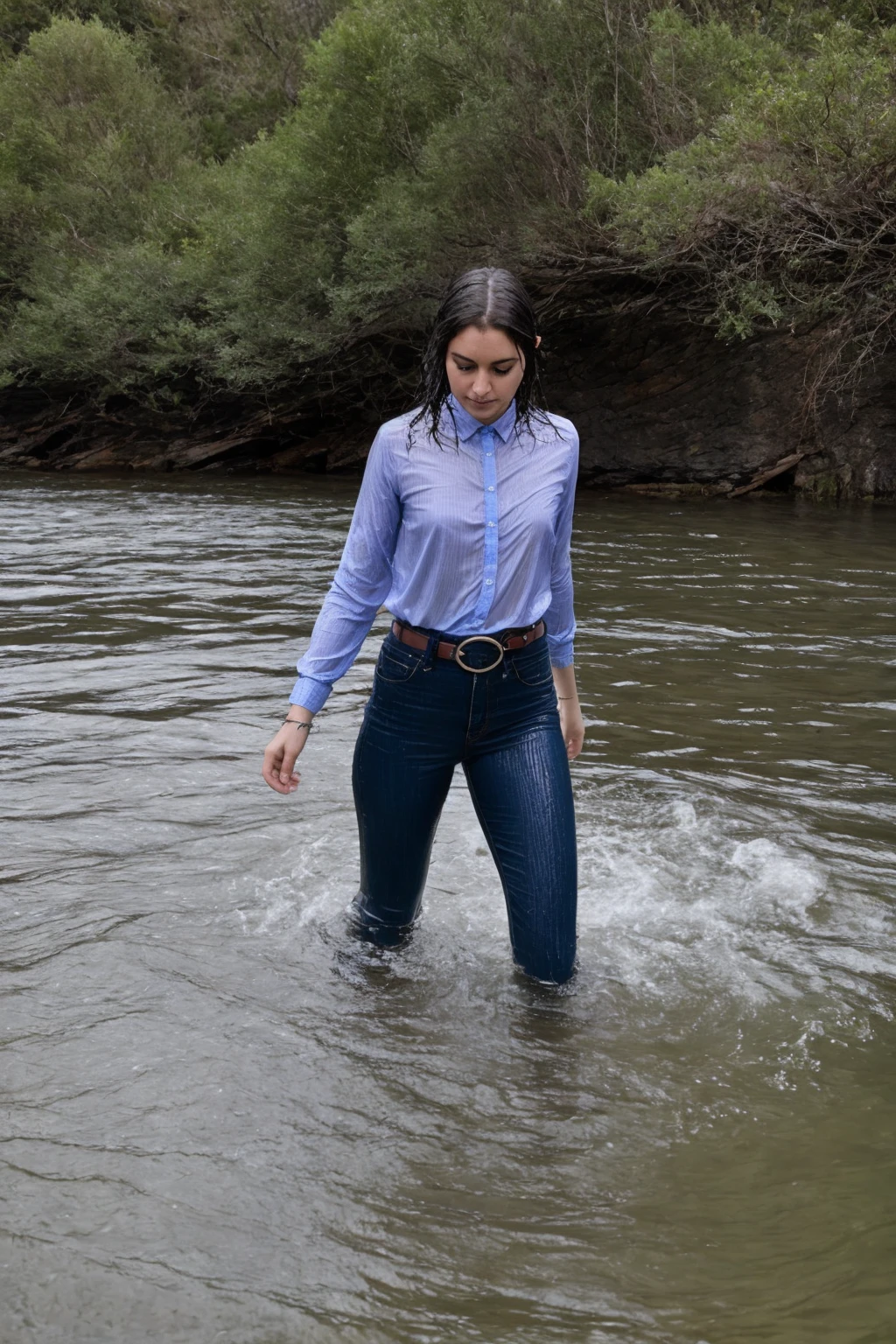 photo of a soaked woman, wearing wet silk collared shirt, long sleeves, skinny jeans, belt, wading through water, in a river, partially submerged, wet hair, bra visible through shirt, photographed on a Fujifilm XT3, 80mm F/1.7 prime lens, cinematic film still, cinestill 500T, highly detailed, masterpiece, highest quality, intricately detailed, HDR, 8k, uhd, photorealistic, <lora:wetgirl_SD1.5:0.7>