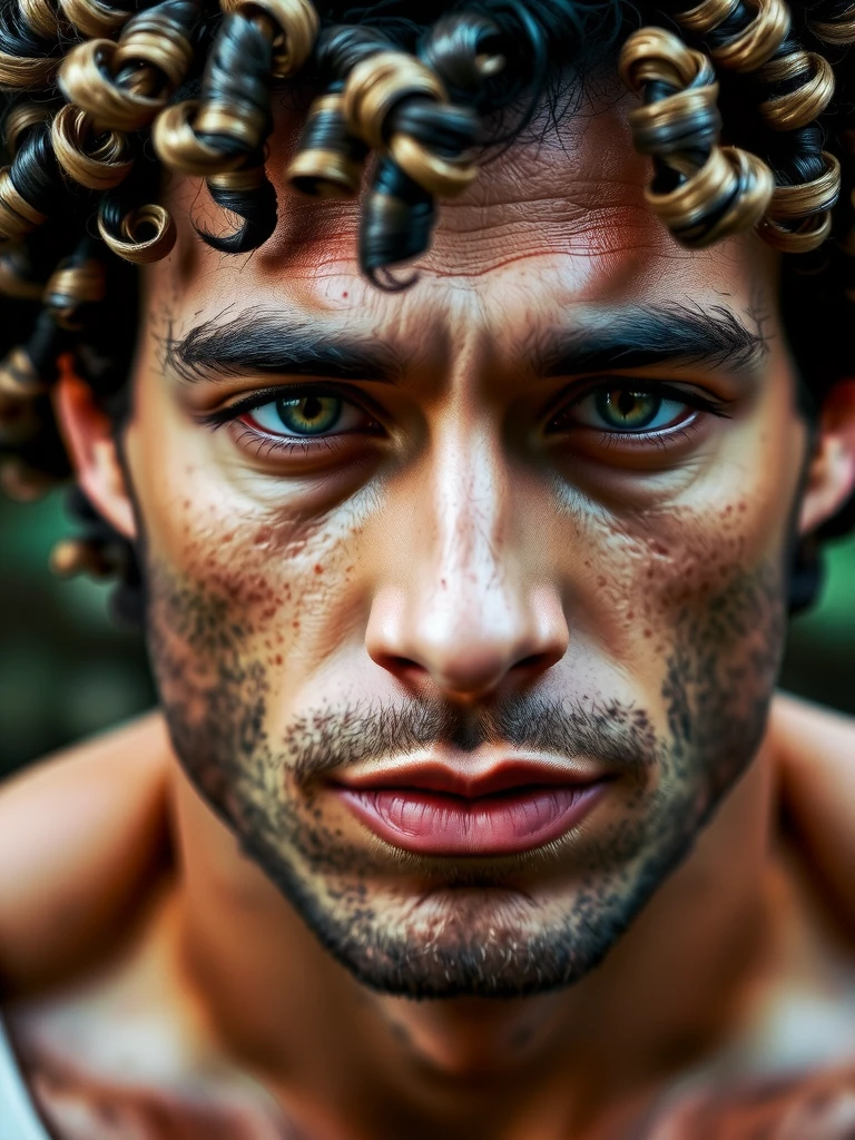 Atay, Man, hyperrealistic, curly hair, close up, body hair, fade, dramatic, best quality, color scheme blue, forest