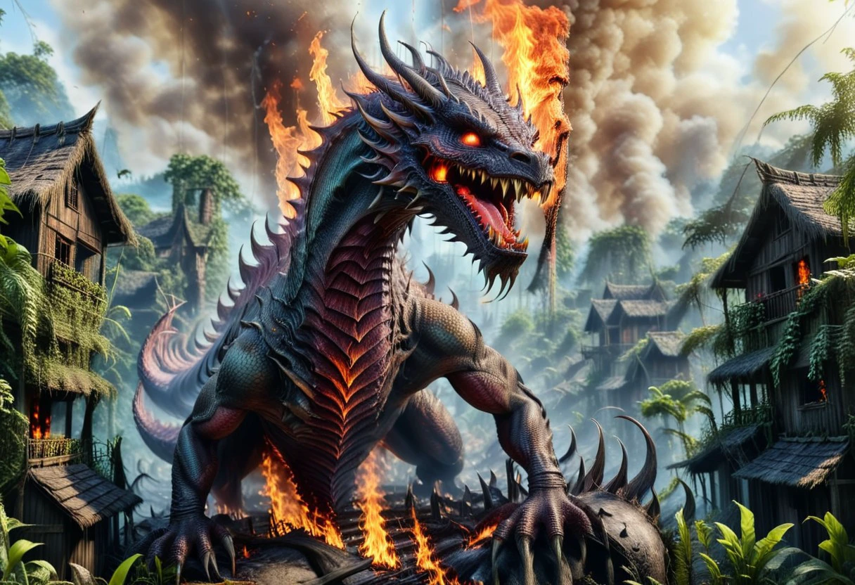 ultra realistic and quality image with high resolution and sharp focus photorealistic style, with ultra photo detail, of a sinister fire dragon burning a small village in the jungle, the village is made of wooden houses, ratio 1:2