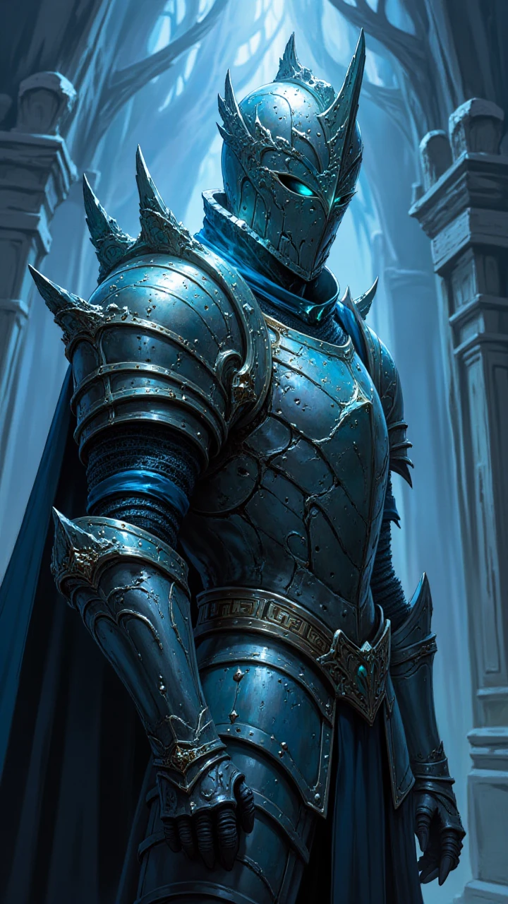 painted world, masterpiece, professional artwork, haunted castle background, night time, bioluminescent armor, ((portrait of a powerful ghostly knight)), (rune engravings on armor:1.3), upper body portrait, light fog, wearing full plate armor, great helmet,