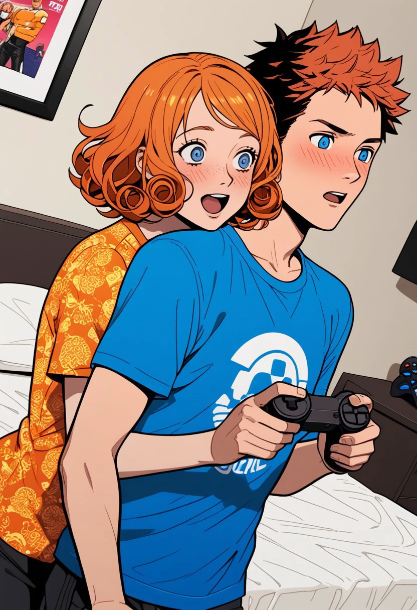 1girl, curly, short hair, fiery orange hair, short height, medium breast, bright blue eyes, round face, freckled skin, Scottish girl, 
,print shirt, game controller, controller in hands, hand close to body, bed, bed room, controller breast poke, blush, open mouth, cowboy shot, dutch angle,