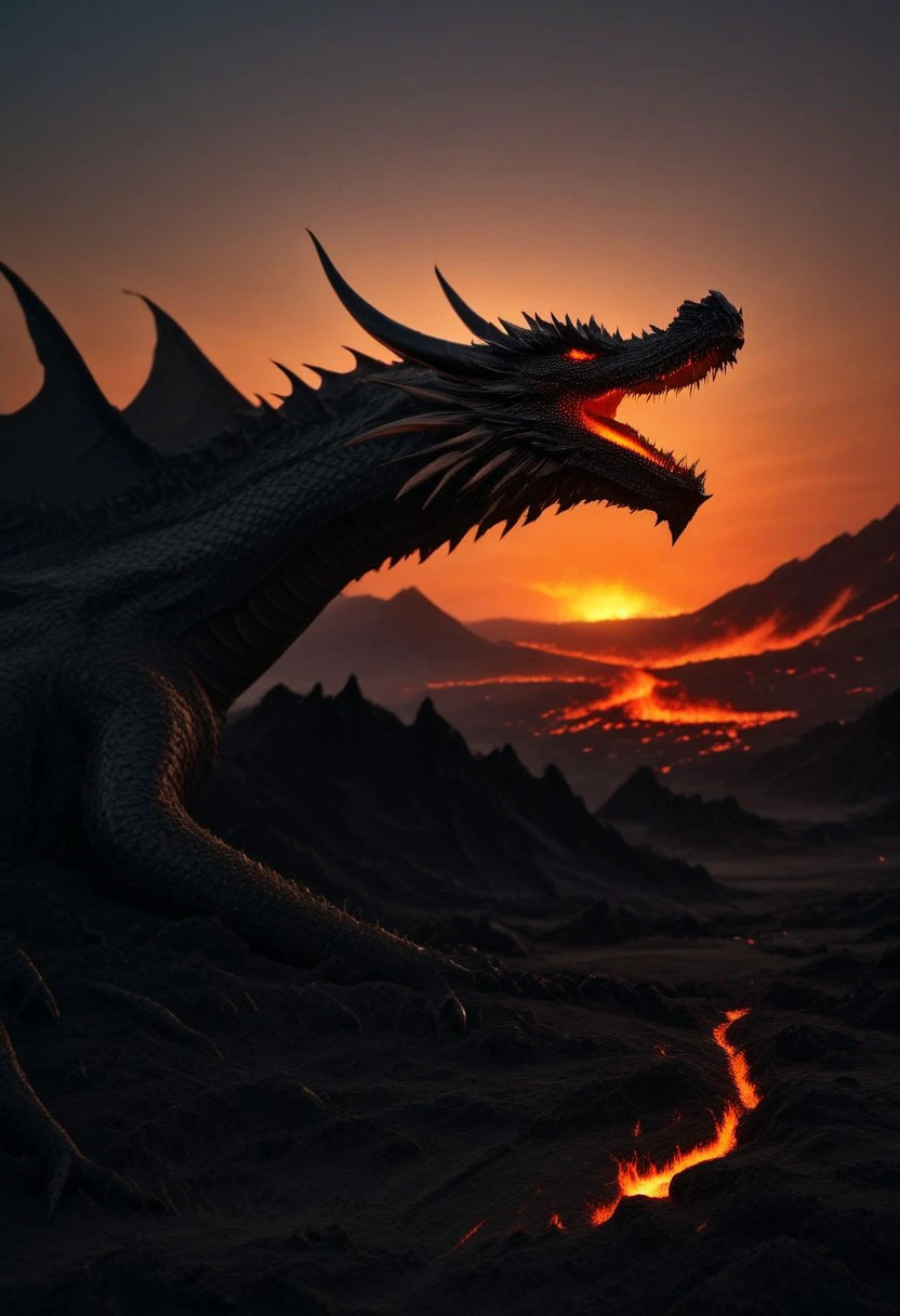 "A realistic fantasy-style dragon flies over a volcanic landscape at sunset. Its long black horns are illuminated by lava and its eyes glow bright orange. Its muscular body is covered in black scales and its wings are spread wide . An erupting volcano and ash clouds can be seen in the background. The photo was taken with a DSLR camera, with depth of field focused on the dragon's head."