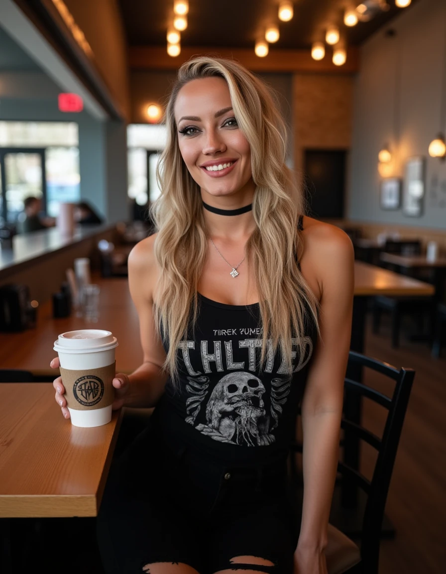 <lora:Nita_Strauss_Flux:1>realistic photo of nitastrauss, makeup, wearing a band tank top, black ripped jeans,  in a cafe having a coffee.