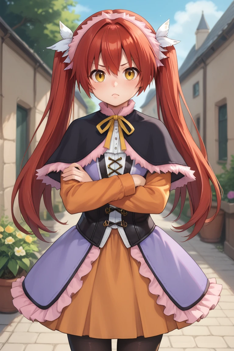 (score_9, score_8_up, score_7_up, score_6_up), source anime, BREAK, <lora:Emilia:0.8> , emidef, 1girl, red hair, long hair, twintails, yellow eyes, pink fur trim, fur-trimmed hairband, fur-trimmed capelet, black capelet, long sleeves, orange sleeves, fur-trimmed dress, (purple dress), (skirt under dress), orange skirt, corset, (layered dress), neck ribbon, black leggings, looking at viewer, tsundere, pout, (cowboy shot), crossed arms, BREAK, <lora:zy_Detailed_Backgrounds_v1:0.3> , detailed background, highly detailed, exterior, garden, courtyard, scenery, flowers,   <lora:SnowStylePonyXL:0.8>