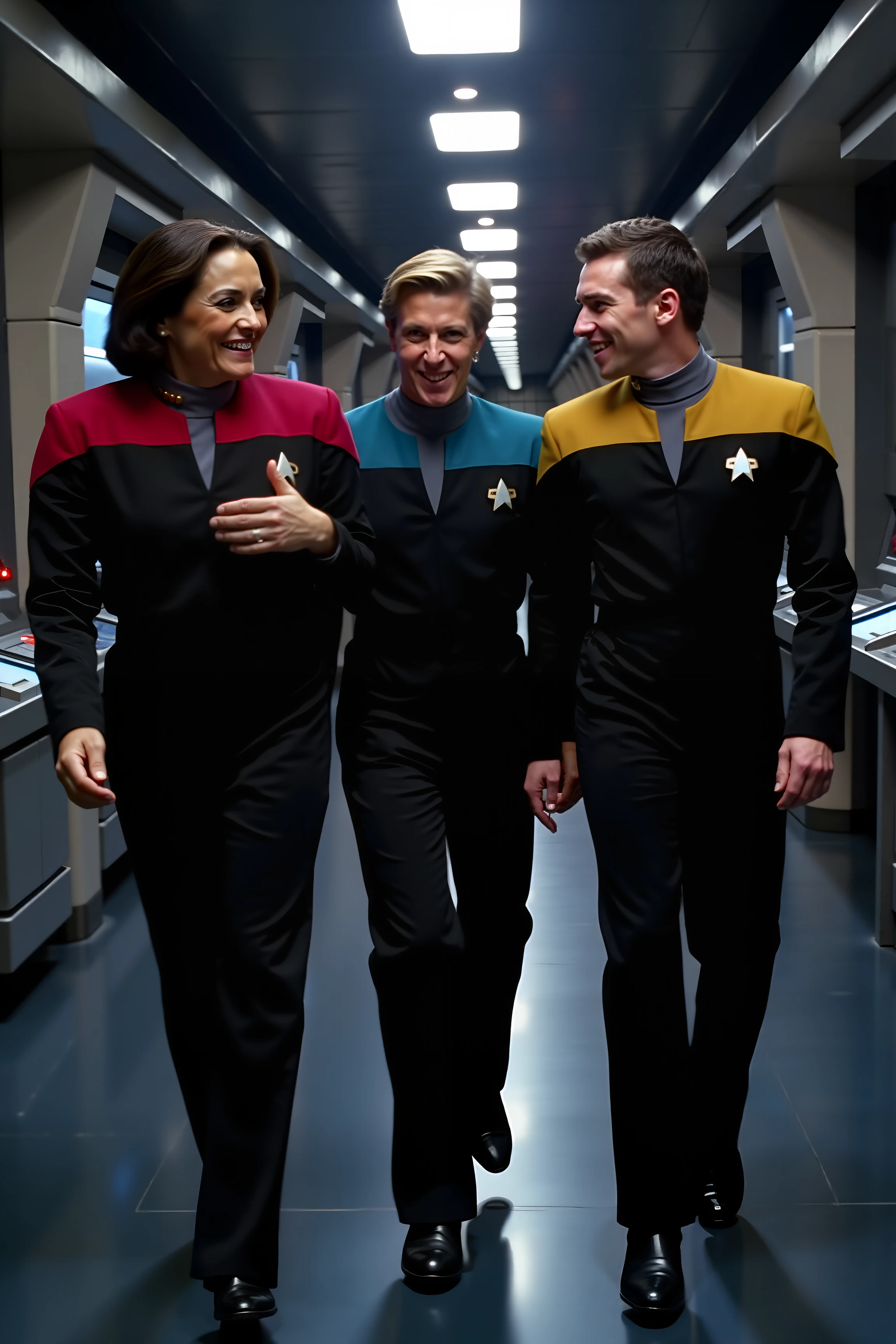 A high-quality photo capturing three people in black Voyager uniform with red shoulders, black Voyager uniform with teal shoulders, and black Voyager uniform with yellow shoulders walking together through a sleek starship corridor. The corridor is illuminated by soft, futuristic lighting with glowing panels and high-tech control stations lining the walls. The individuals, each dressed in their respective uniforms, are engaged in animated conversation, exuding camaraderie and teamwork. The red-uniformed person, with a confident stride, gestures as they speak, while the blue-uniformed person listens intently, smiling with enthusiasm. The person in yellow, slightly ahead, glances back with a friendly expression. The uniforms are impeccably detailed, with their respective colors and insignias clearly visible. The corridor’s futuristic design features metallic surfaces, sleek lines, and subtle holographic displays, creating a dynamic and immersive setting. The photo captures the essence of adventure and collaboration aboard a starship.