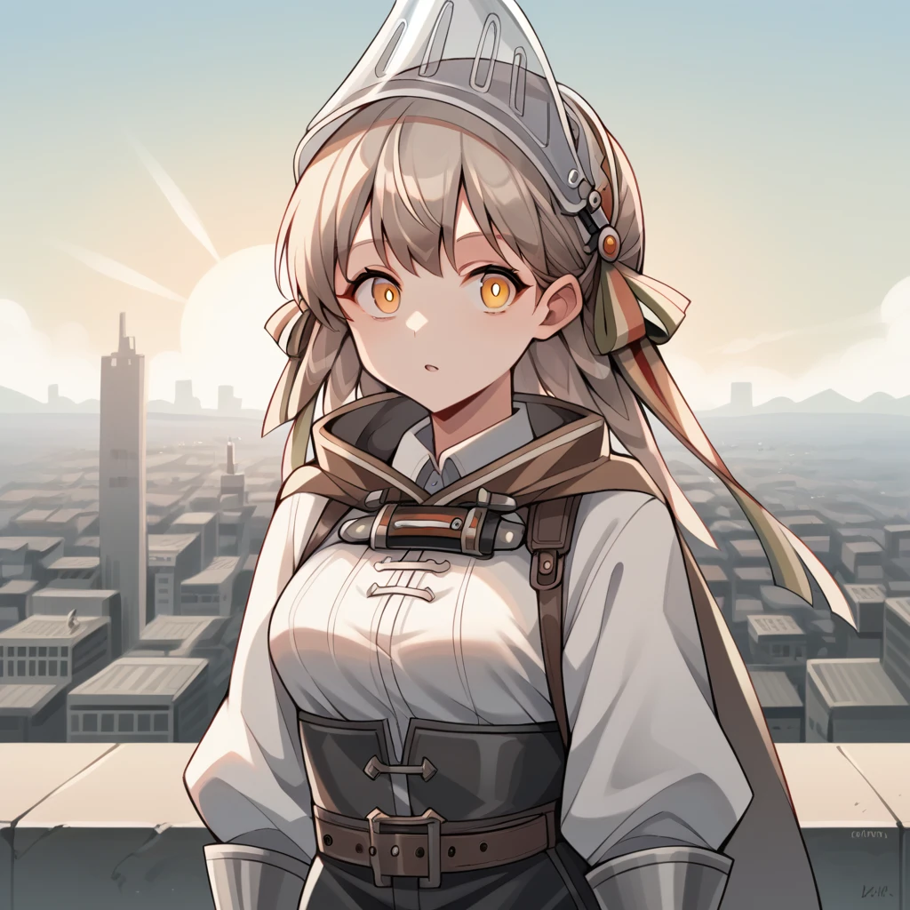 score_9_up, score_8_up, score_7_up, source_anime, masterpiece, best quality, 1girl, solo, Fartooth_Ark, Far_Def,  skyscrapers, sun light, standing on rooftop, looking at you, upper body, face focus, curious, parted lips, angled short, grey hair, long hair, feather hair, visor (armor), helmet, yellow eyes, brown cape, puffy long sleeves, white sleeves, gauntlets, white shirt, high-waist shorts, black shorts, belt, strap, thigh strap, thigh pouch, knee boots, armored boots,mature body, dynamic cowboy shot, outdoors, cityscape background