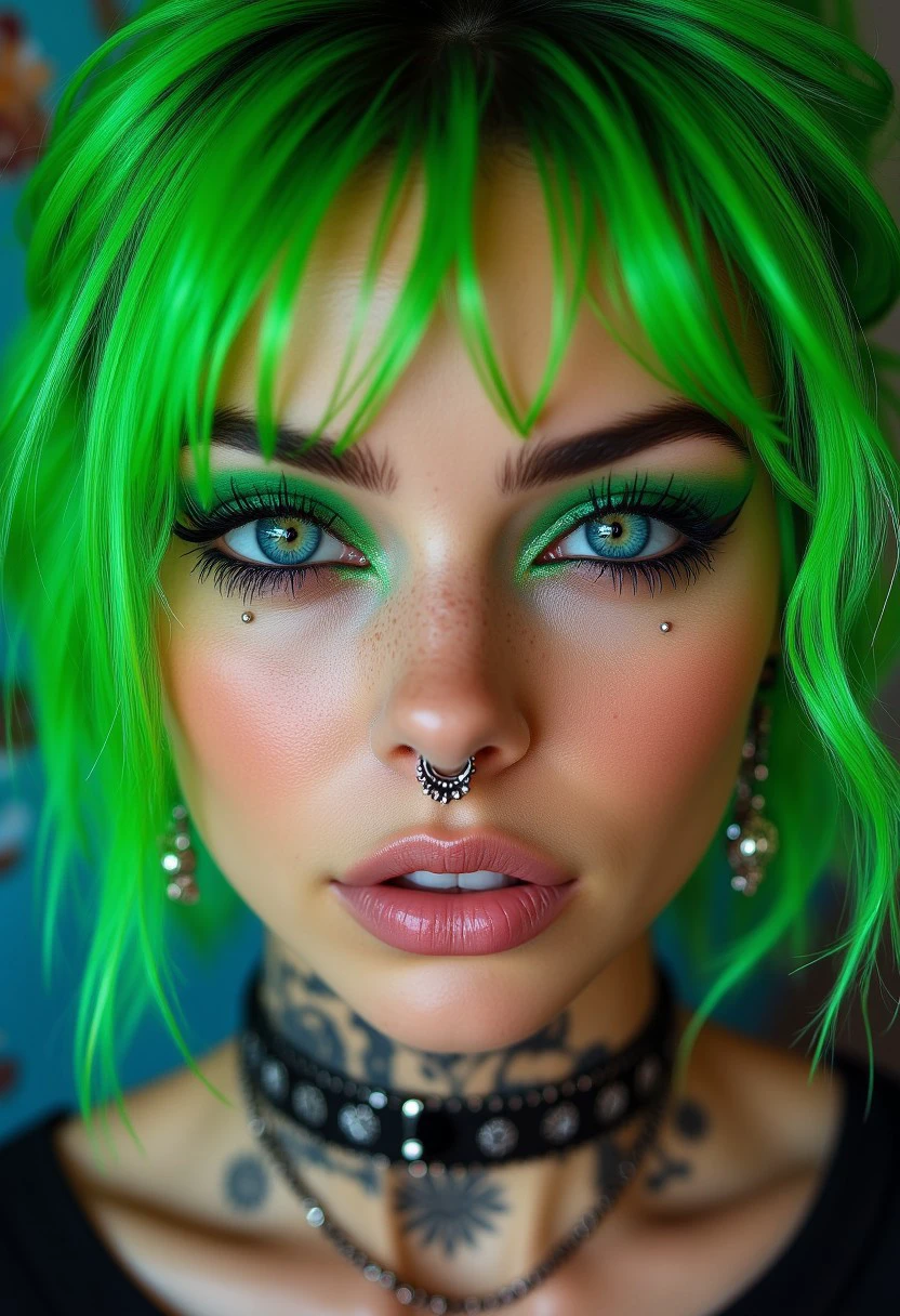 An ultra-detailed, high-resolution portrait of a woman with neon green hair, styled in an avant-garde fashion, featuring intricate facial piercings: a double eyebrow ring, a septum piercing, and a labret stud. The scene is illuminated with soft, diffused lighting, creating a striking contrast between her punk-inspired look and her delicate, ethereal features. The background is a blend of abstract colors, giving the image a surreal, artistic vibe.