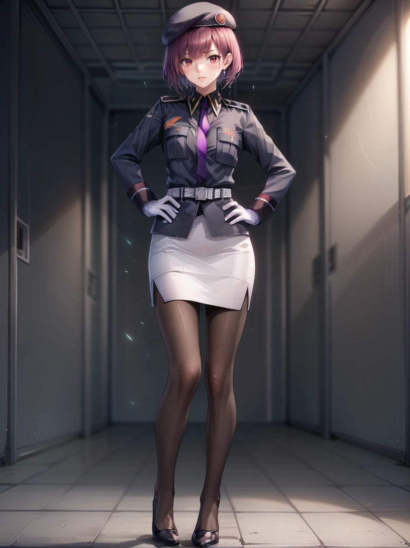 score_9, score_8_up, score_7_up,  highres, source_anime, (cowboy shot:1.3), hand on hip
holographic interface, army briefing room
1girl, tdksk,  blurry background,
enduring, blush, Fuchsia hair, short hair,  full body, military uniform, beret, white gloves, red eyes, necktie, white skirt, belt, jacket, pencil skirt, black pantyhose, long sleeves, purple necktie, bangs, medium breasts,
<lora:tdkskXL_kohyaV1:.9>