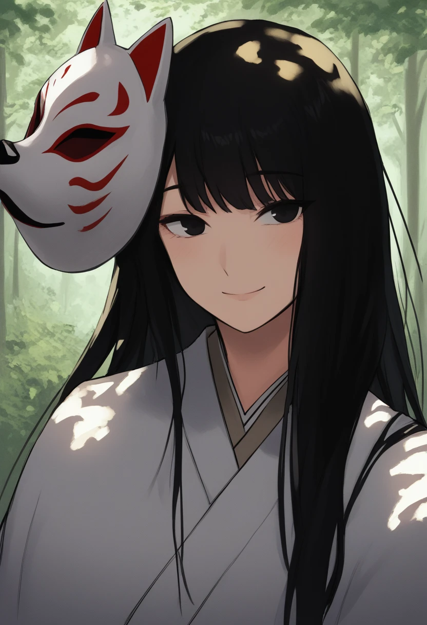 score_8_up, woman, smile, long hair, black hair, black eyes, looking at viewer, seductive smile, light blush, outdoors, forest, upper body, shade, fox mask, white kimono, mask on head, 
<lora:DarkerThanDarkV1.5:0.5> 
<lora:AnimalMasks-000009:1>