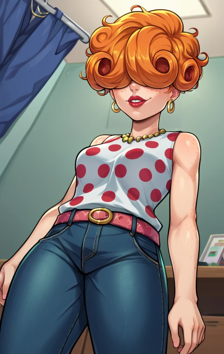 score_9,score_8_up,score_7_up BREAK source_cartoon,<lora:lee-10:1>,leeKankerSDXL,1girl,earrings,short hair,belt,pants,necklace,orange hair,makeup,polka dot,denim,lipstick,curly hair,freckless,jeans,hoop earrings,hair over eyes,room,room background,from below,