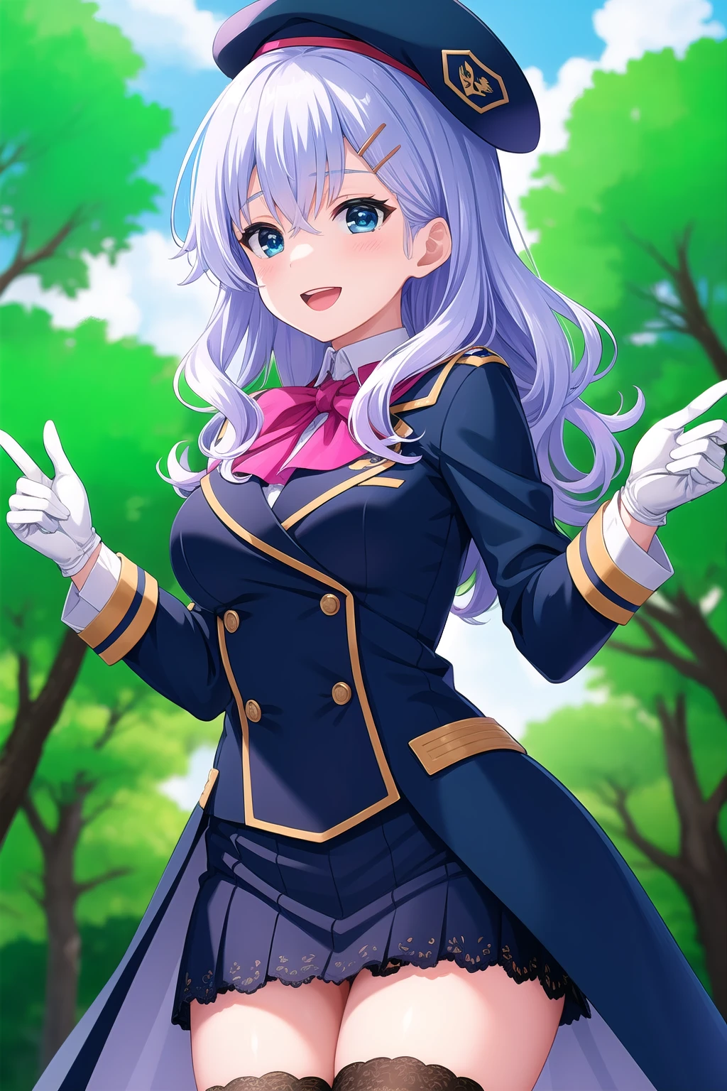 (masterpiece, best quality), highly detailed background, perfect lightingbest quality, murakamifumio, solo, outdoors, nature, military, beret, black headwear, light blue hair, hairclip, hair between eyes, wavy hair, long hair, blue eyes, medium breasts, blue coat, blue dress, white bowtie, ascot, lace trim, long sleeves, white gloves, aiguillette, blue skirt, miniskirt, lace-trimmed skirt, black thighhighs, military uniform, smile, open mouth, :d, pink lips, <lora:Murakami-Fumio:0.7>