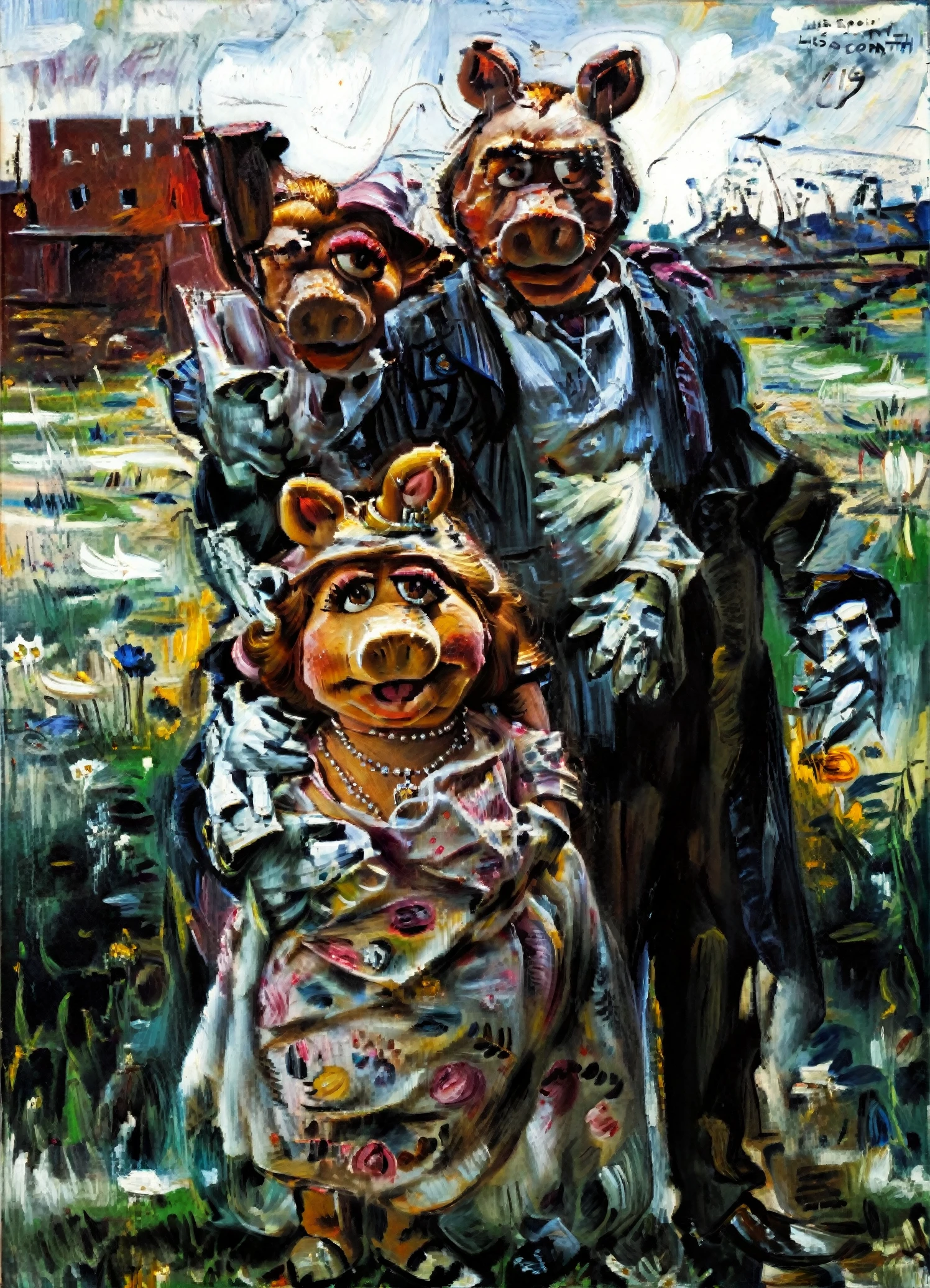 <lora:lovis-corinth_pony_v1:1> ' miss piggy ' by Corinth Lovis in 1910,  genre painting \(genre\), Expressionism \(style\), Male, The artwork is an oil painting featuring a woman standing in a field, <lora:Miss_Piggy_Pony:1> uncensored, gloves,, score_9, score_6_up, score_7_up