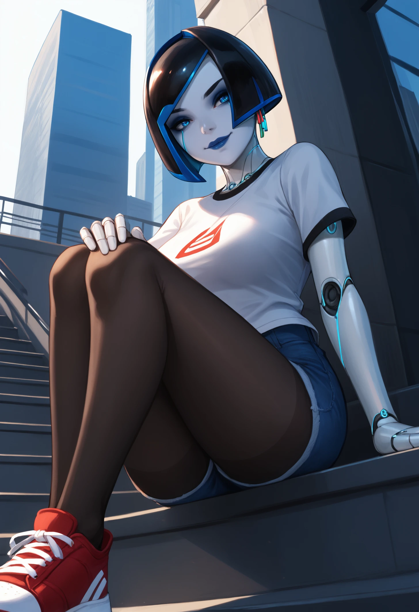 score_9, score_8_up, score_7_up, 1girl, demidef, android, robot joints, colored skin, blue eyes, lipstick, eyeshadow, earrings, short hair, large breasts,
graphic tee, black t-shirt, denim shorts, pantyhose under shorts, pantyhose, red sneakers,
looking at viewer, smug, sitting, hugging own legs,
outdoors, city, stairs, dutch angle, low-angle view,
<lora:Subverse-DEMI-PDXL_V1-Manityro-CAME:1.0>,