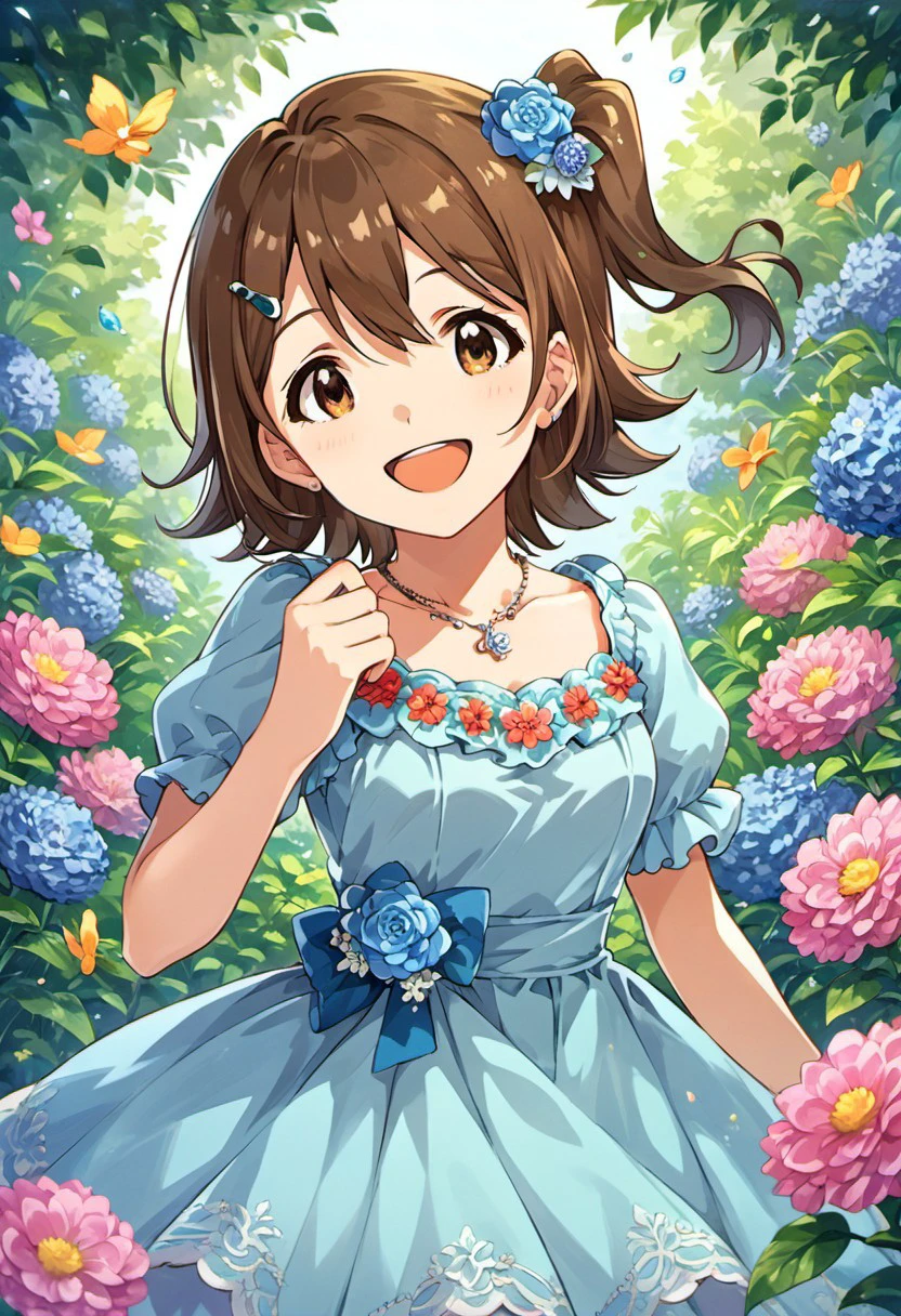 score_9, score_8_up, score_7_up, source_anime,kasuga mirai, brown hair, brown eyes, short hair, 1girl, flower, solo, hair ornament, smile, hydrangea, dress, jewelry, open mouth, hairclip, one side up, necklace