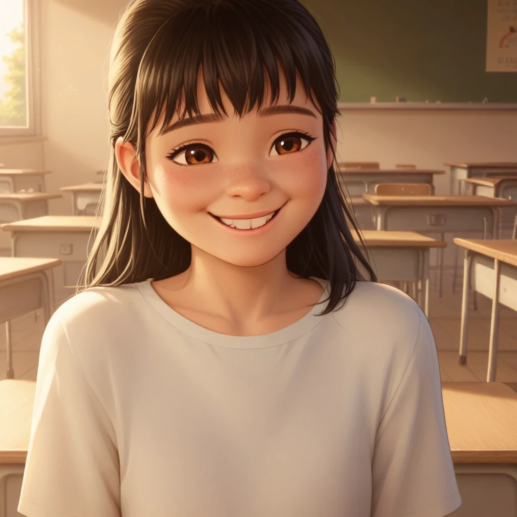 score_8, score_9, break, grace_io2, black hair, brown eyes, classroom, dress, outdoors, smiling, natural lighting, cute