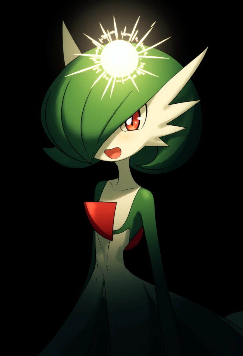 gardevoir, black background, energy ball, hair over one eye, light rays, open mouth, glowing eyes, smirk