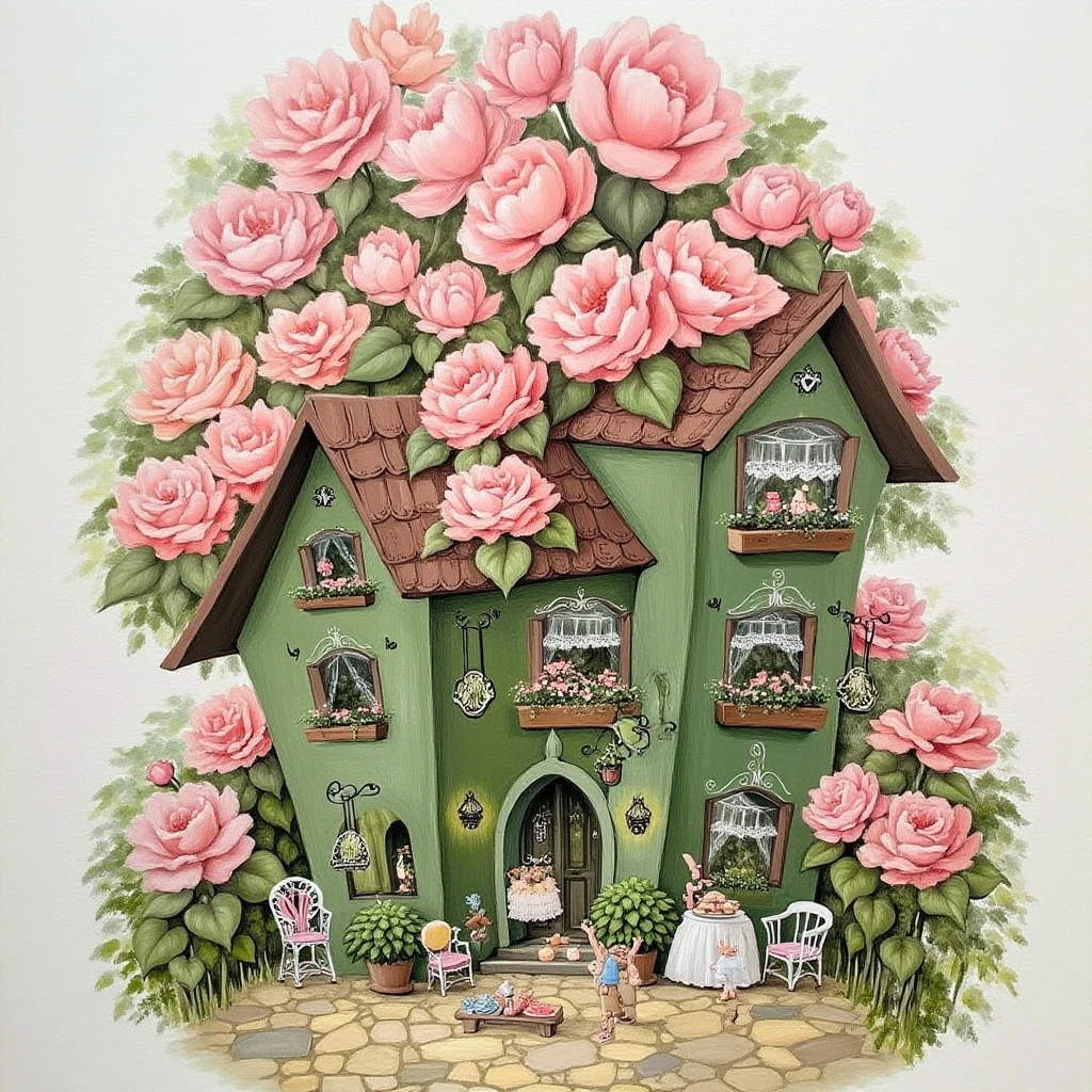 fairy tales,Best picture quality, masterpiece, high definition, 4K,  A painting of a green house with pink flowers on the roof. There is a table in front of the house with a white table cloth on it. There are pink flowers around the house.