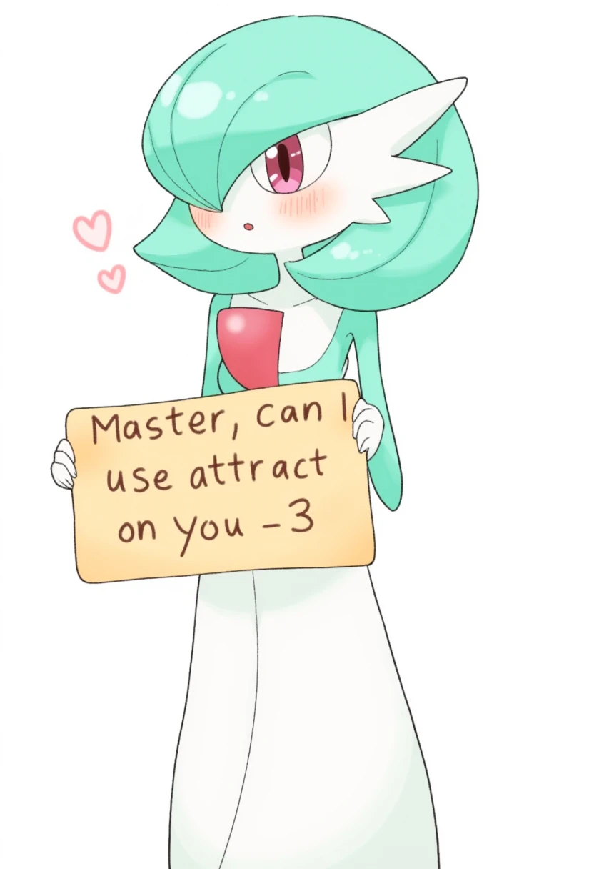 anime illustration of gardevoir blushing, holding a sign that reads "Master, can I use attract on you? <3"