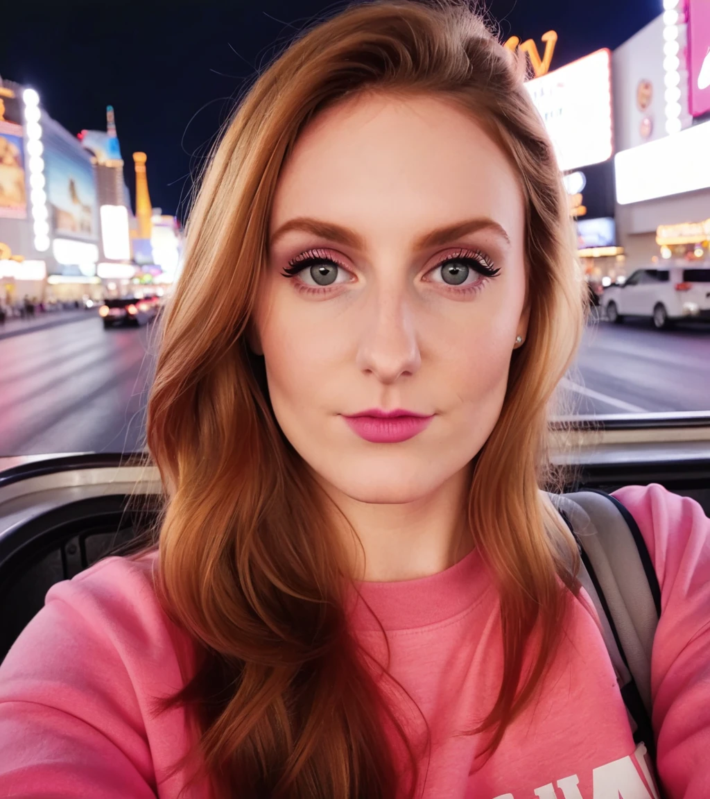 <lora:p34ch_22XL-000008:0.8>, a selfie photograph of 22 year old beautiful(p34ch woman:1.1),as a tourist,wearing a (cerise pink sweatshirt:1.2) and (white cargo pants:1.1),taking a selfie,sitting on upper deck of open tour bus,driving through (Las Vegas Strip:1.1) at night with bright neon signs,messy dark ginger hair,smirk,lips,makeup and eyeshadow,(medium close up shot:1.1)professional portrait, 4k wallpaper, highly detailed, bokeh